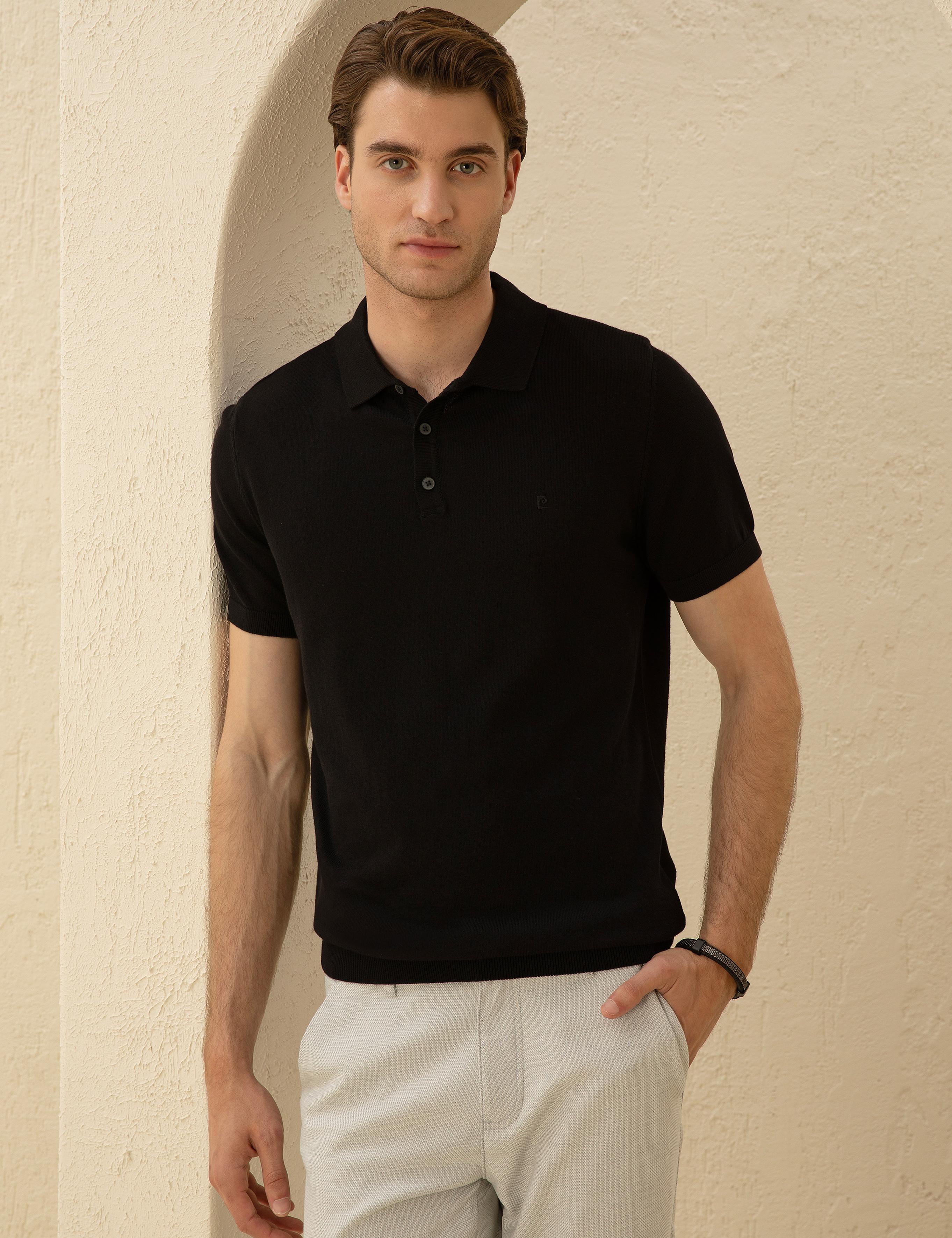 Siyah Slim Fit Düğmeli Polo Yaka Triko Tişört