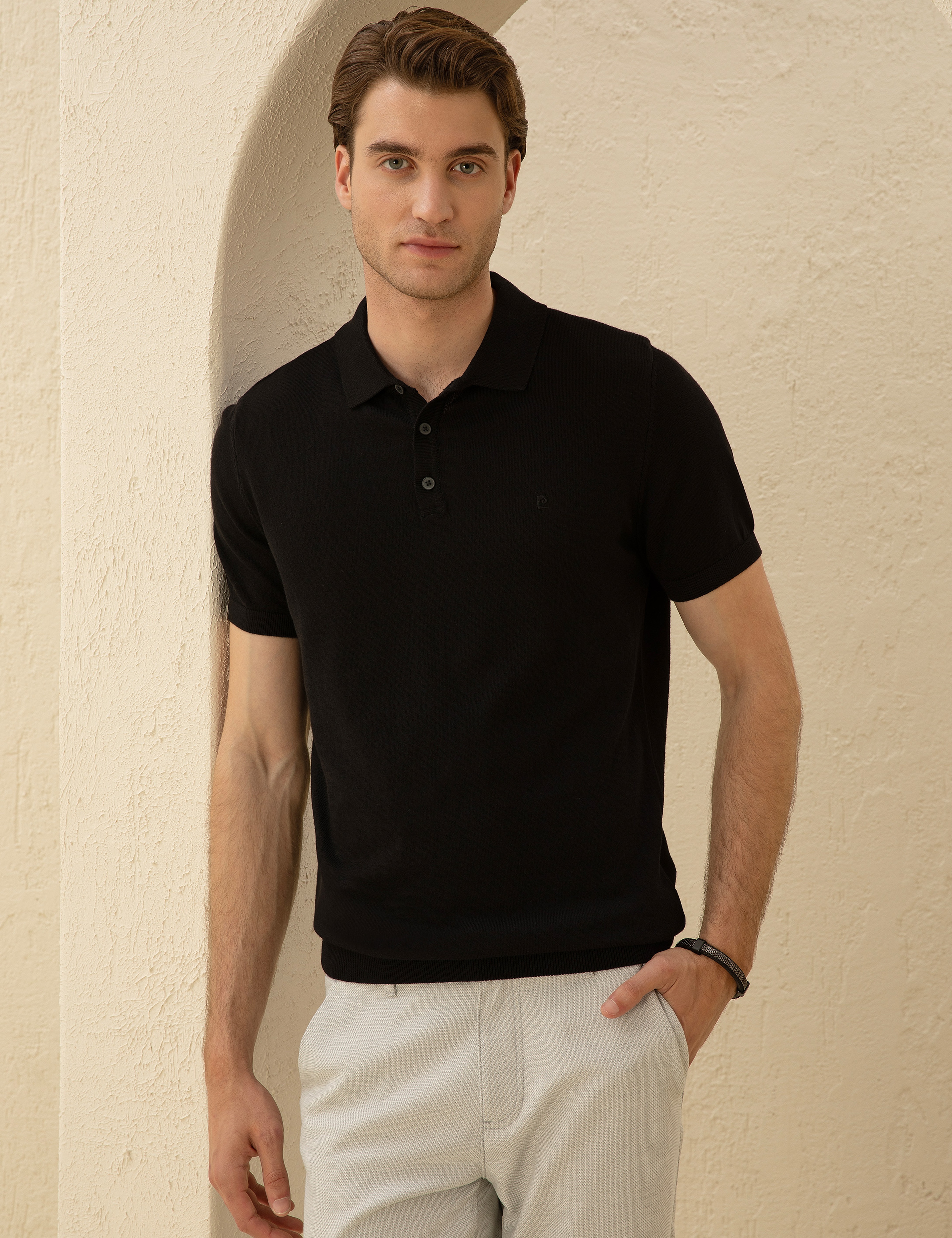 Siyah Slim Fit Düğmeli Polo Yaka Triko Tişört - Image 3