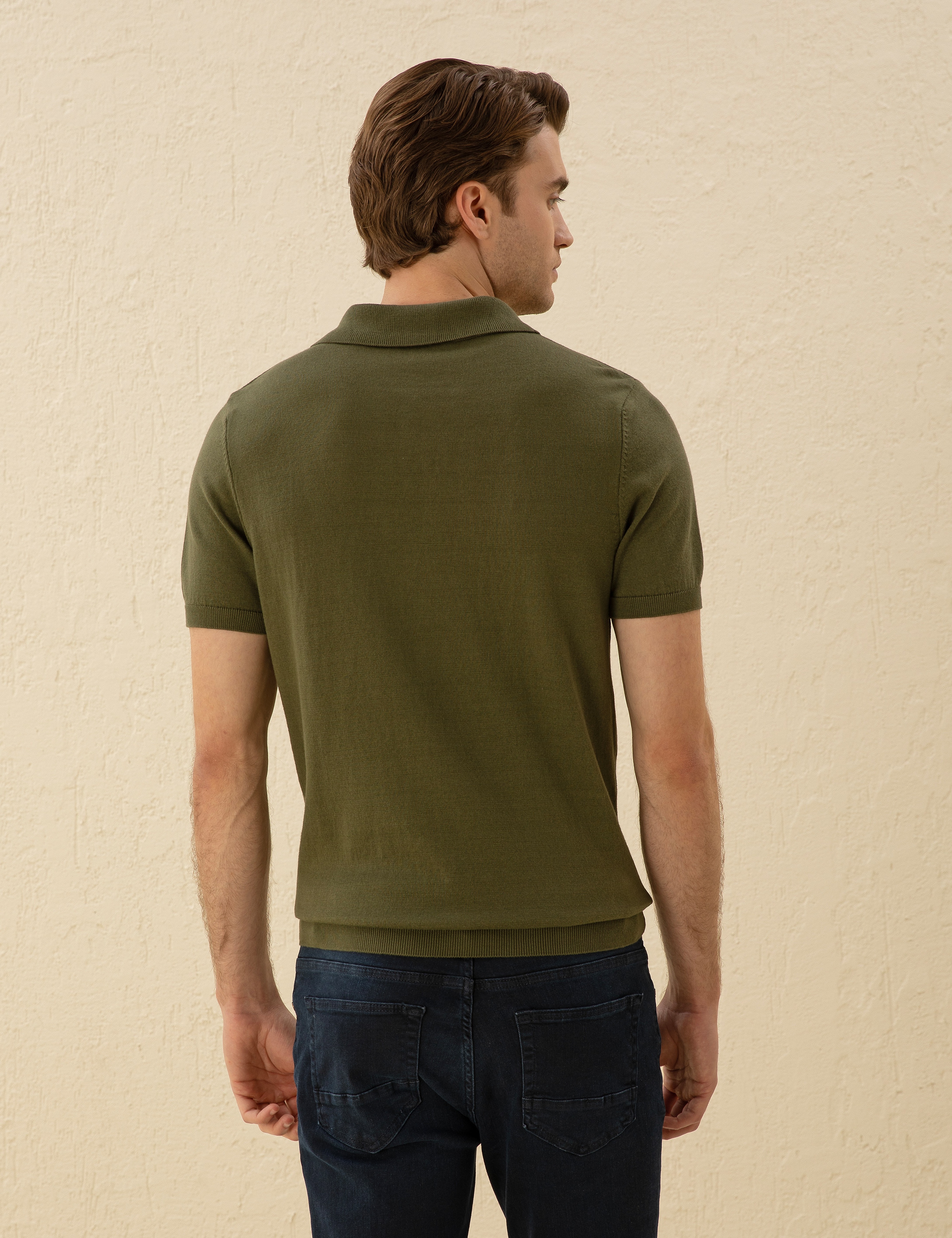 Haki Slim Fit Düğmeli Polo Yaka Triko Tişört