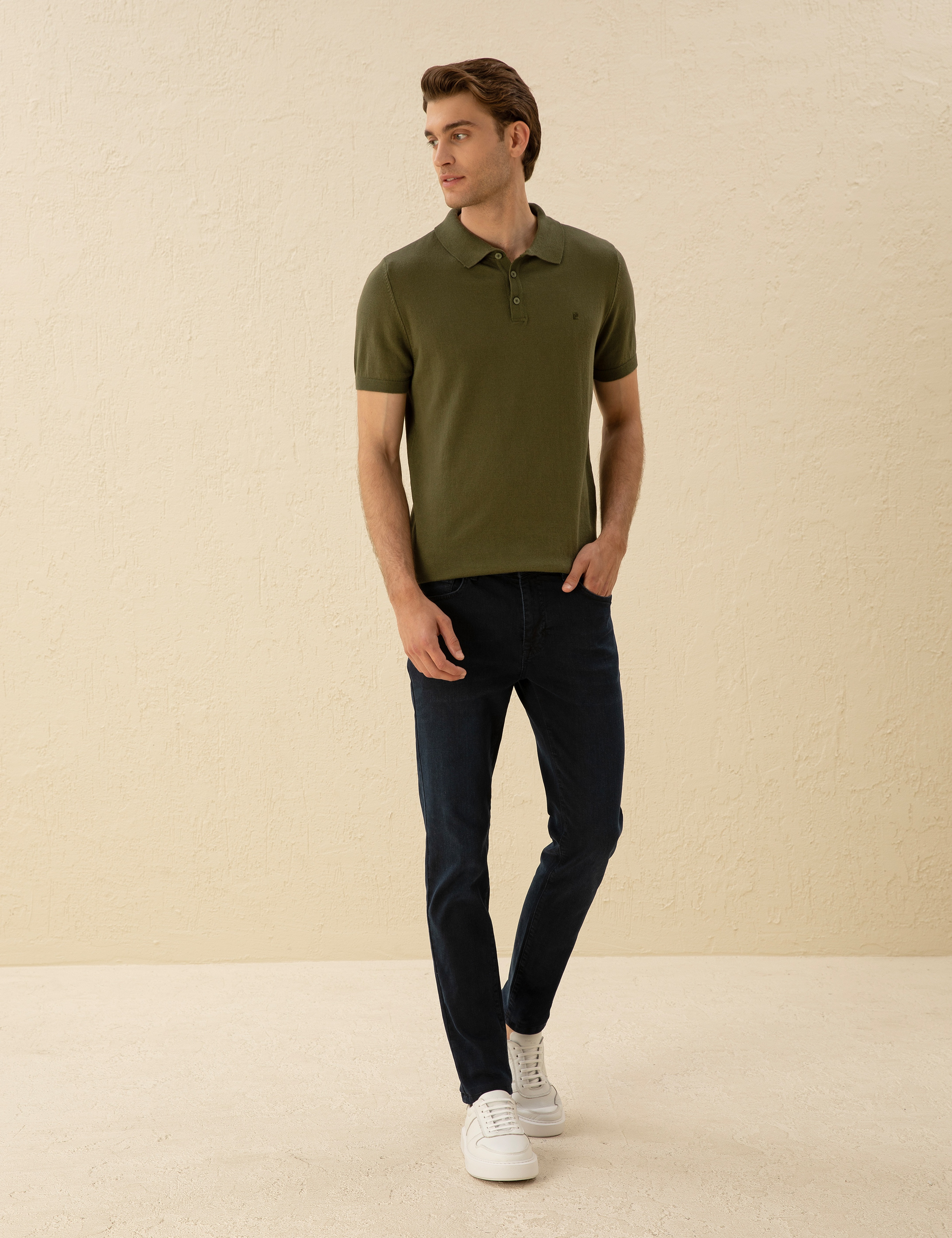 Haki Slim Fit Düğmeli Polo Yaka Triko Tişört