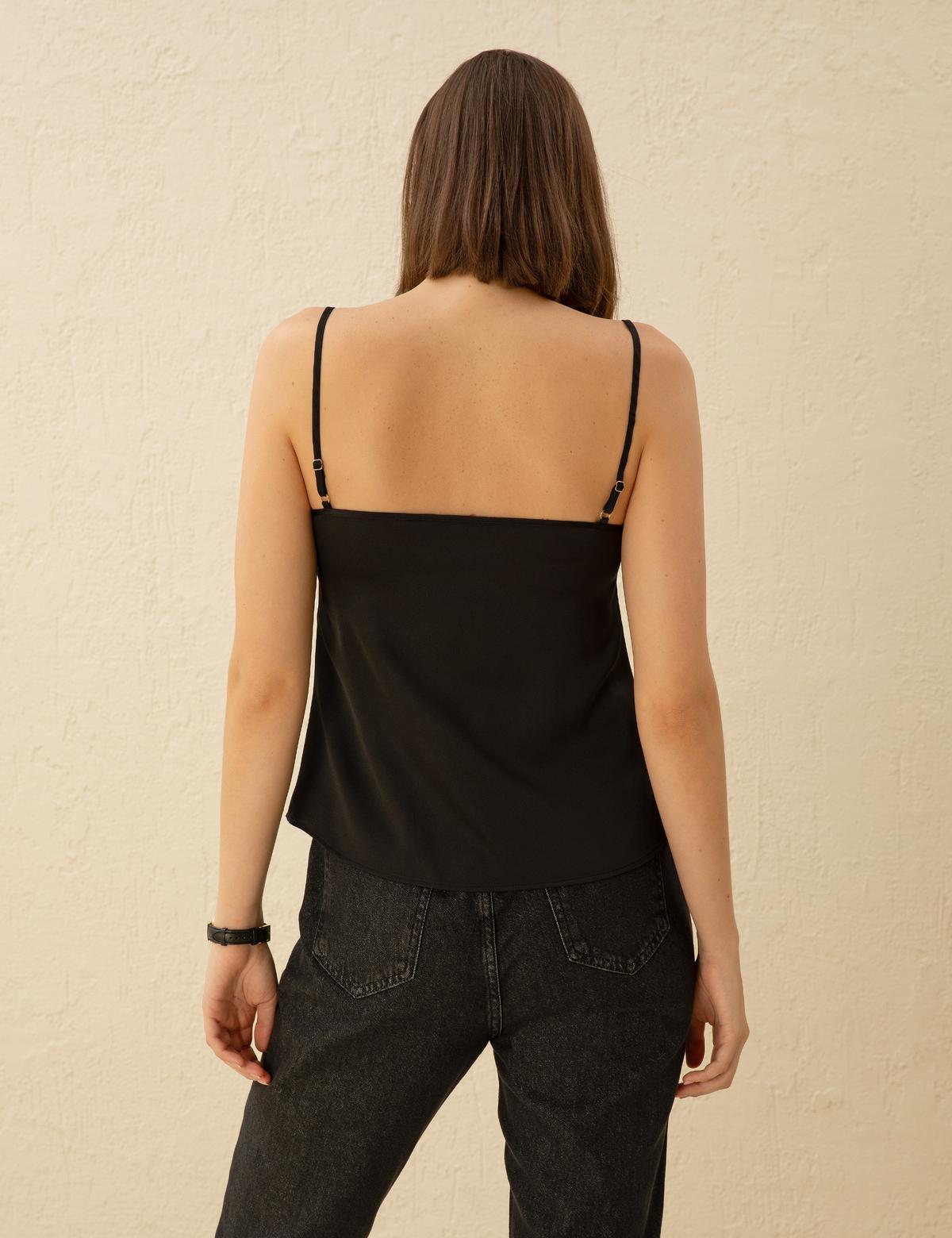 Siyah Saten Regular Fit Bluz - 50273057001