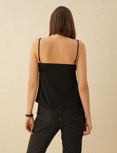 Siyah Saten Regular Fit Bluz - 50273057001