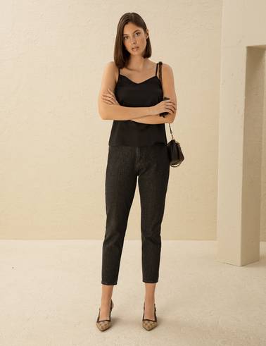 Siyah Saten Regular Fit Bluz