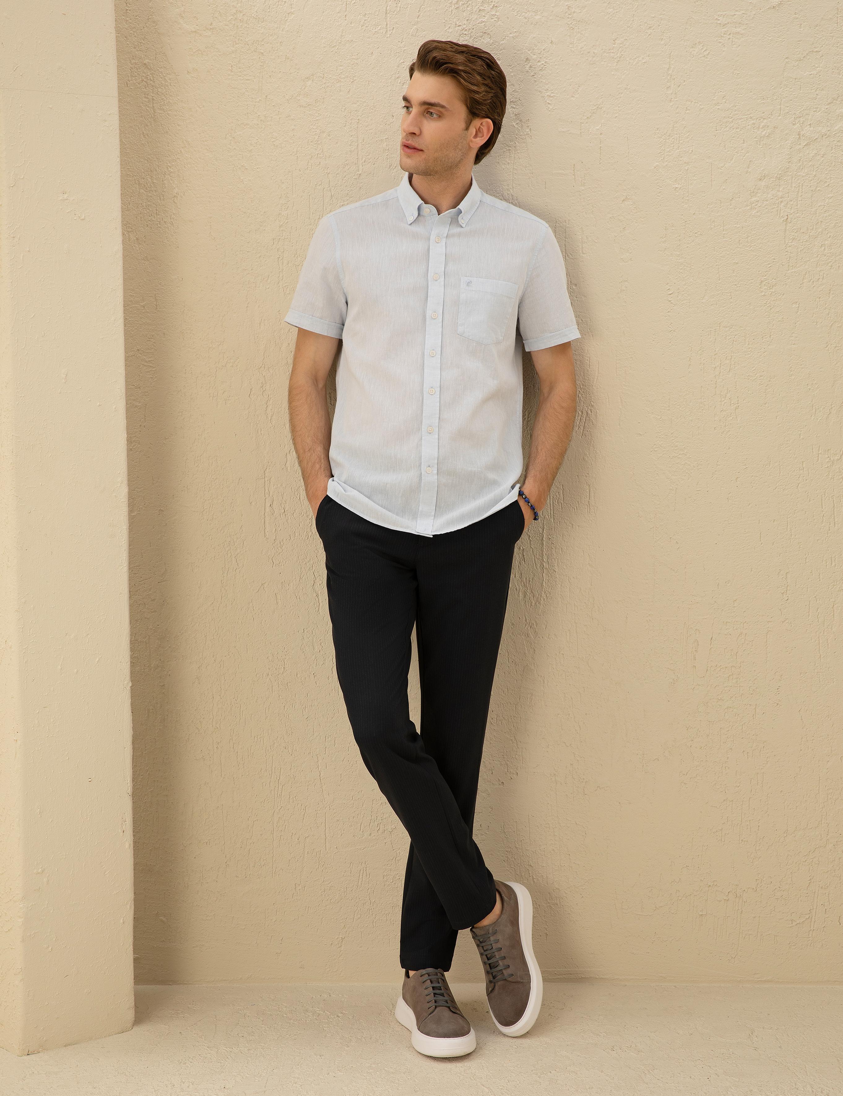 Lacivert Slim Fit Kanvas Çizgili Pantolon