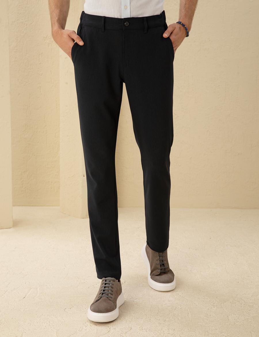 Lacivert Slim Fit Kanvas Çizgili Pantolon