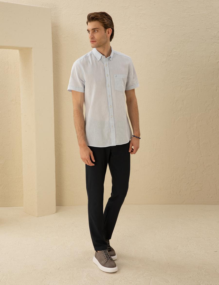 Lacivert Slim Fit Kanvas Çizgili Pantolon