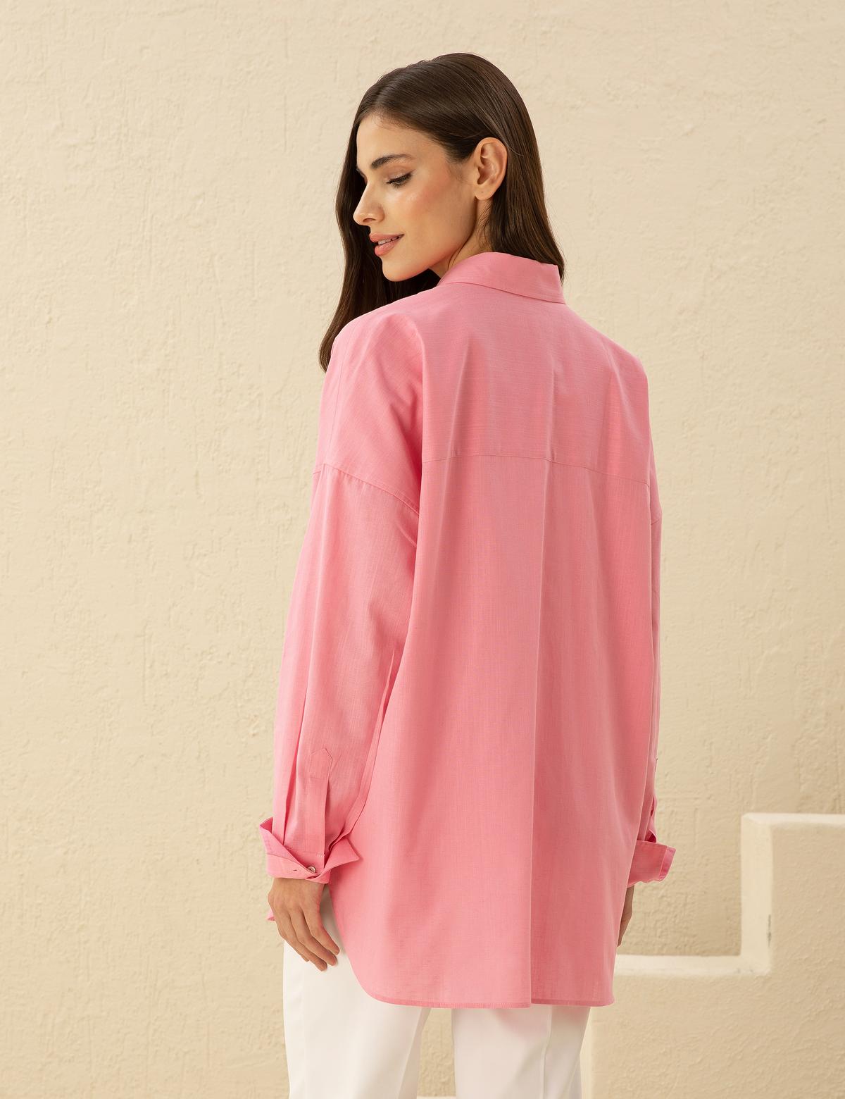 Keten Karışımlı Pembe Oversize Gömlek - 50292038025
