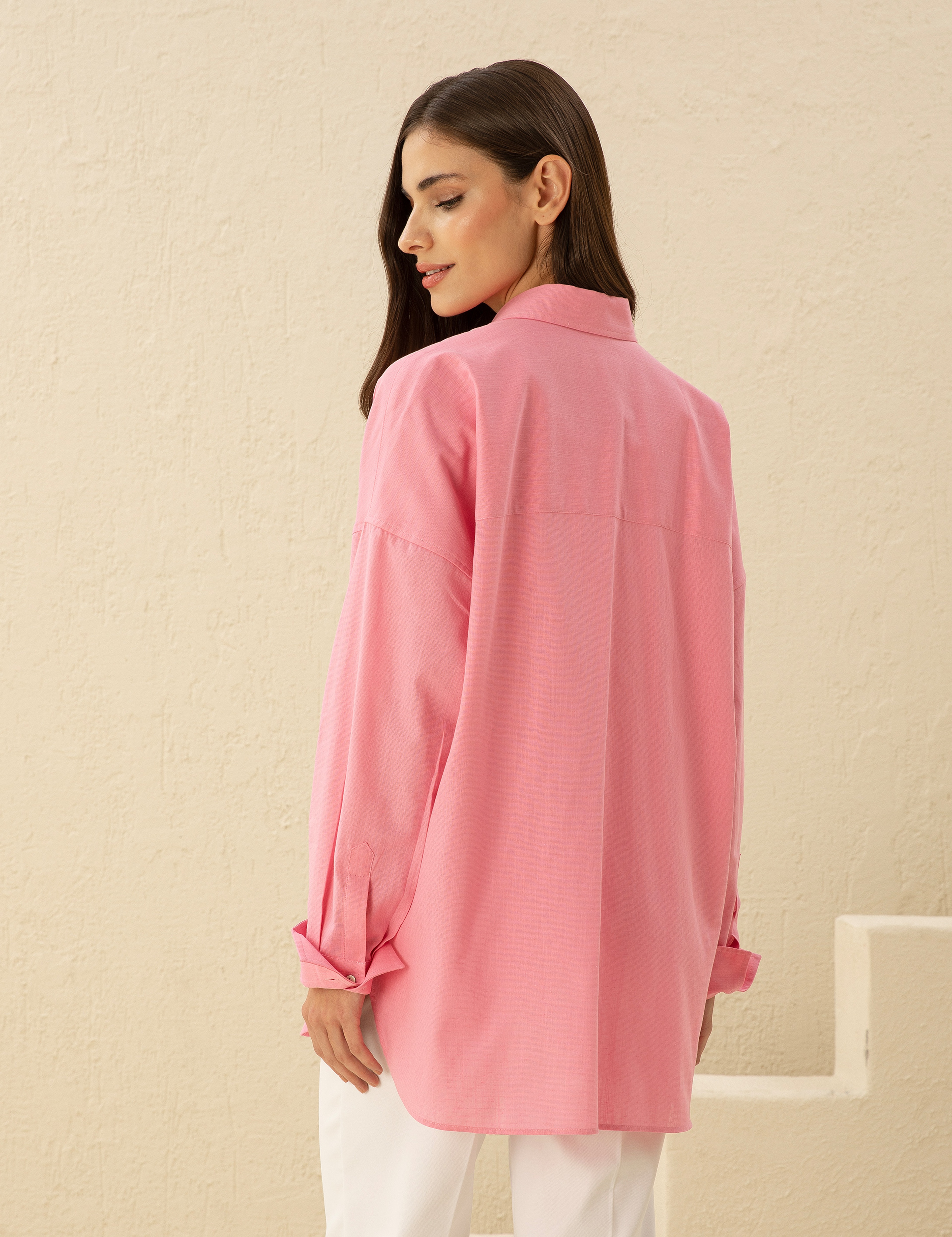Keten Karışımlı Pembe Oversize Gömlek - Image 5