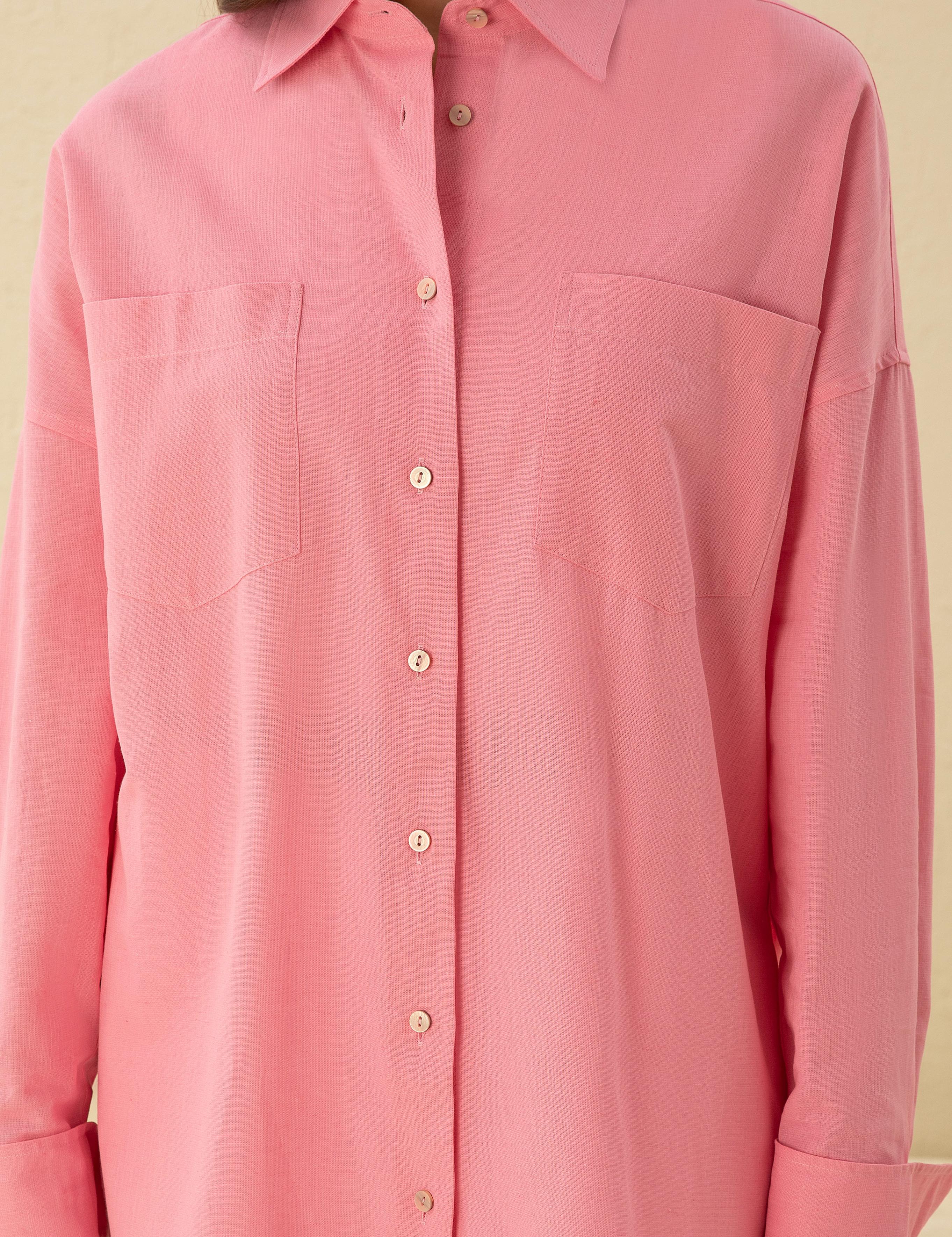 Keten Karışımlı Pembe Oversize Gömlek