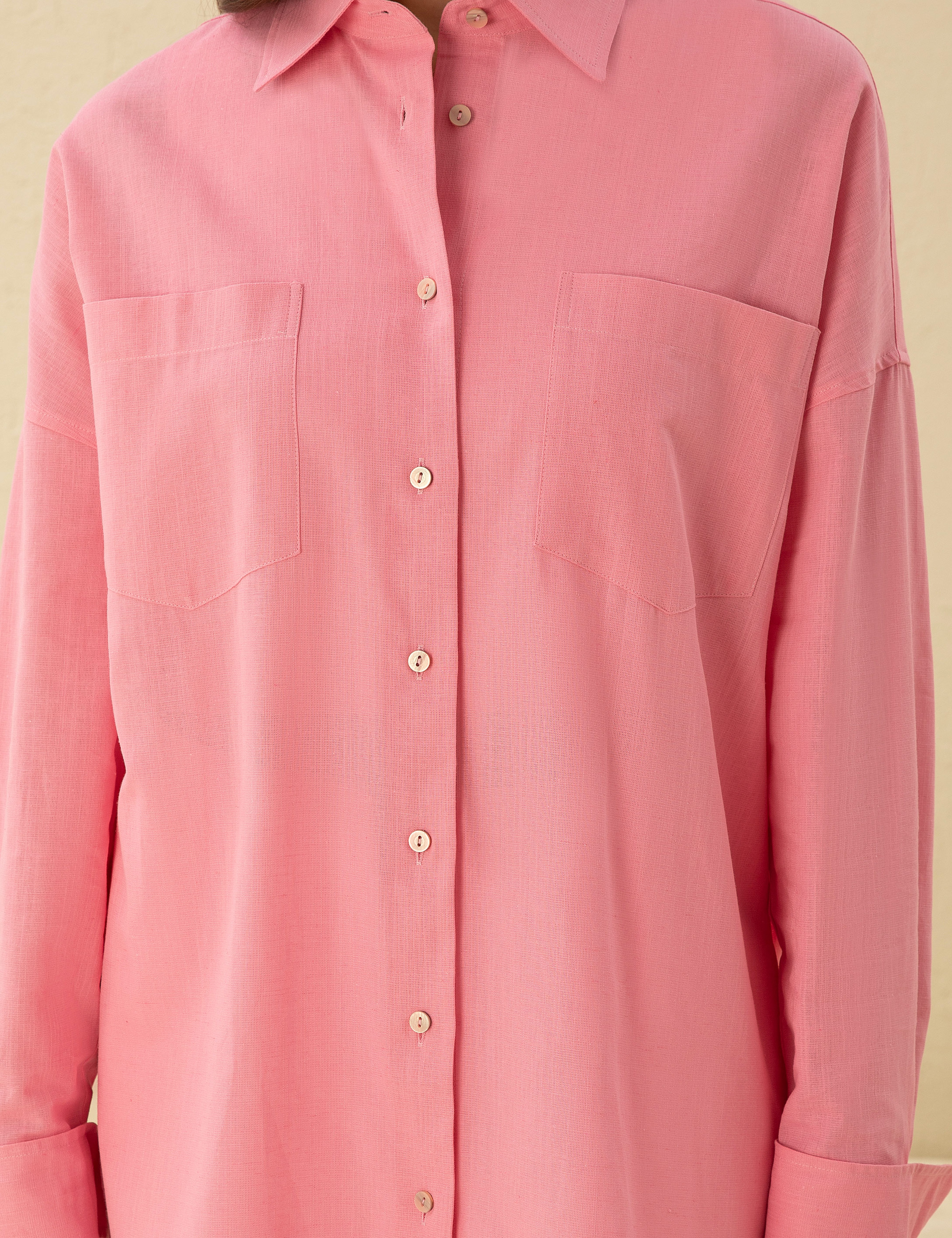 Keten Karışımlı Pembe Oversize Gömlek - Image 6