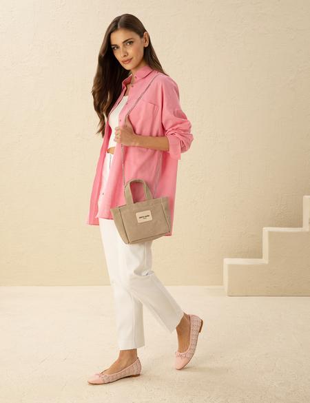 Keten Karışımlı Pembe Oversize Gömlek - 50292038025