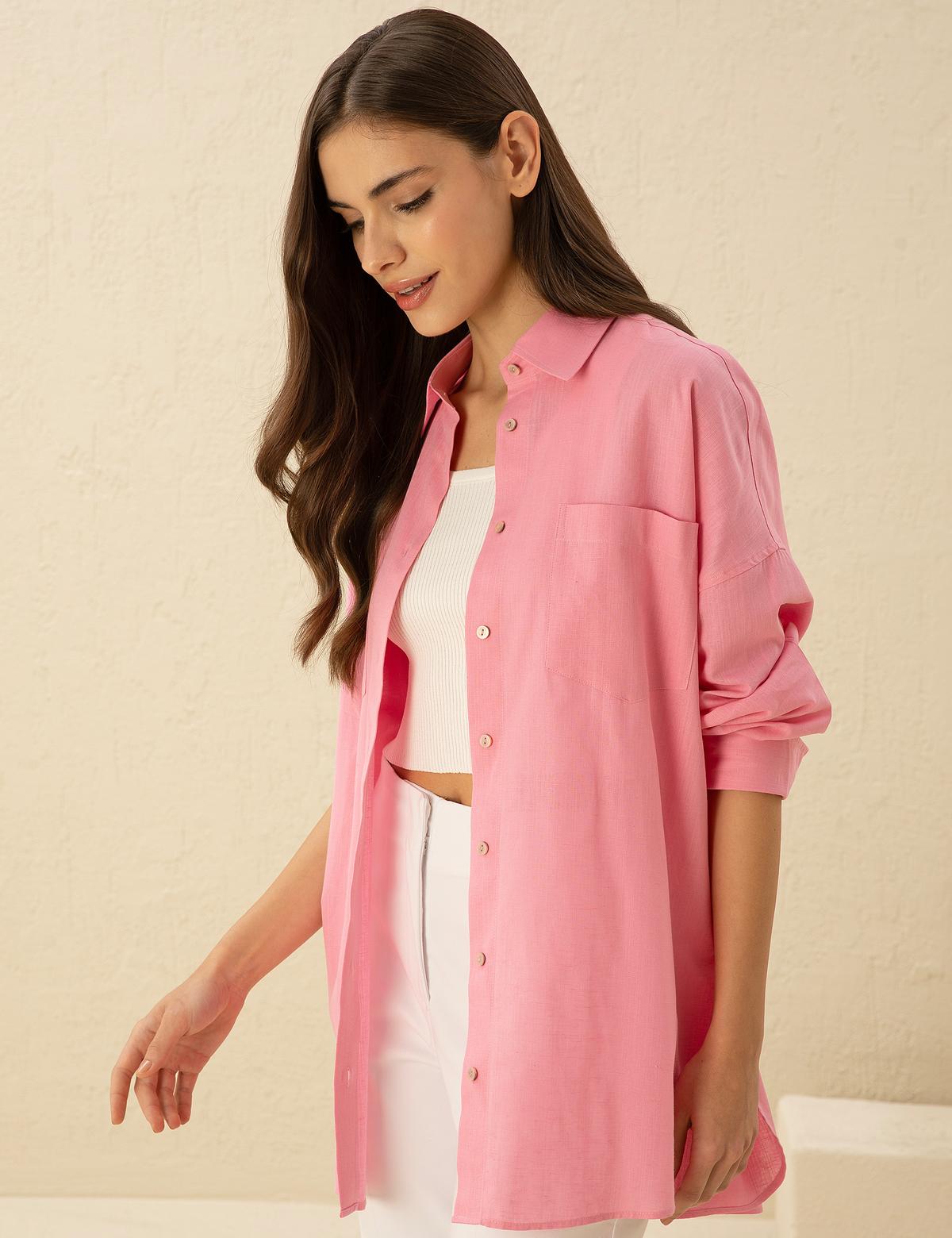 Keten Karışımlı Pembe Oversize Gömlek - 50292038025