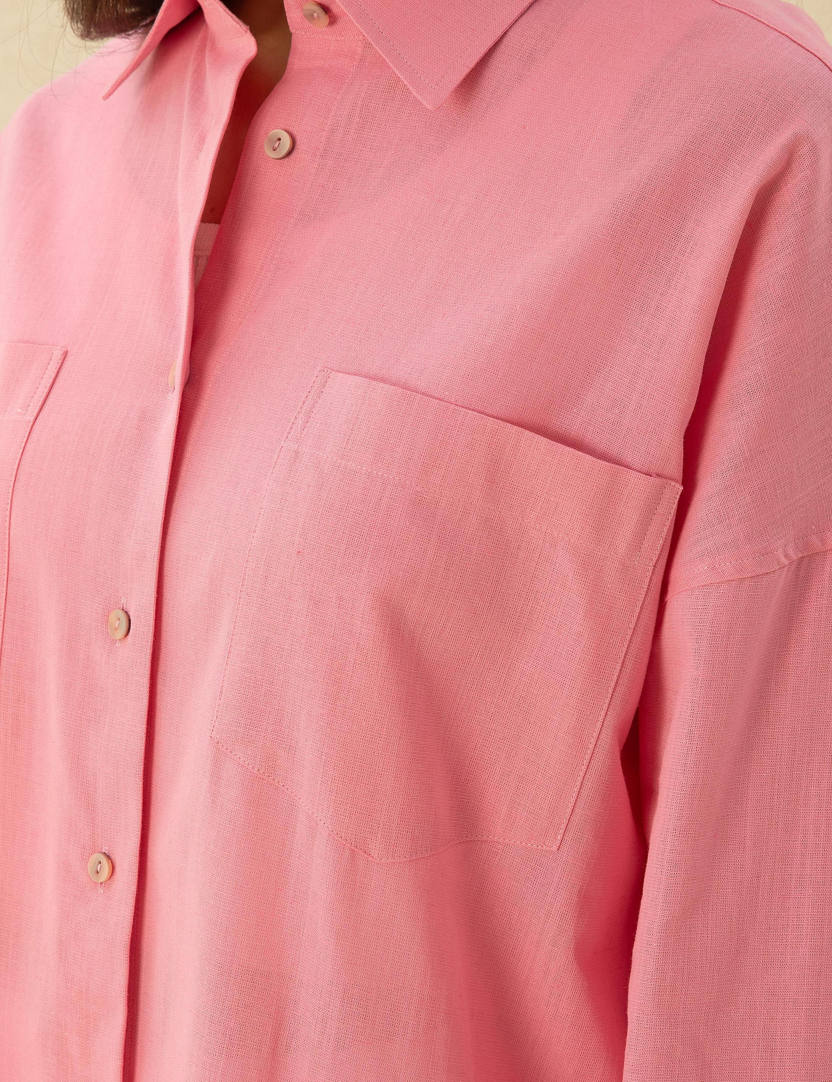Keten Karışımlı Pembe Oversize Gömlek