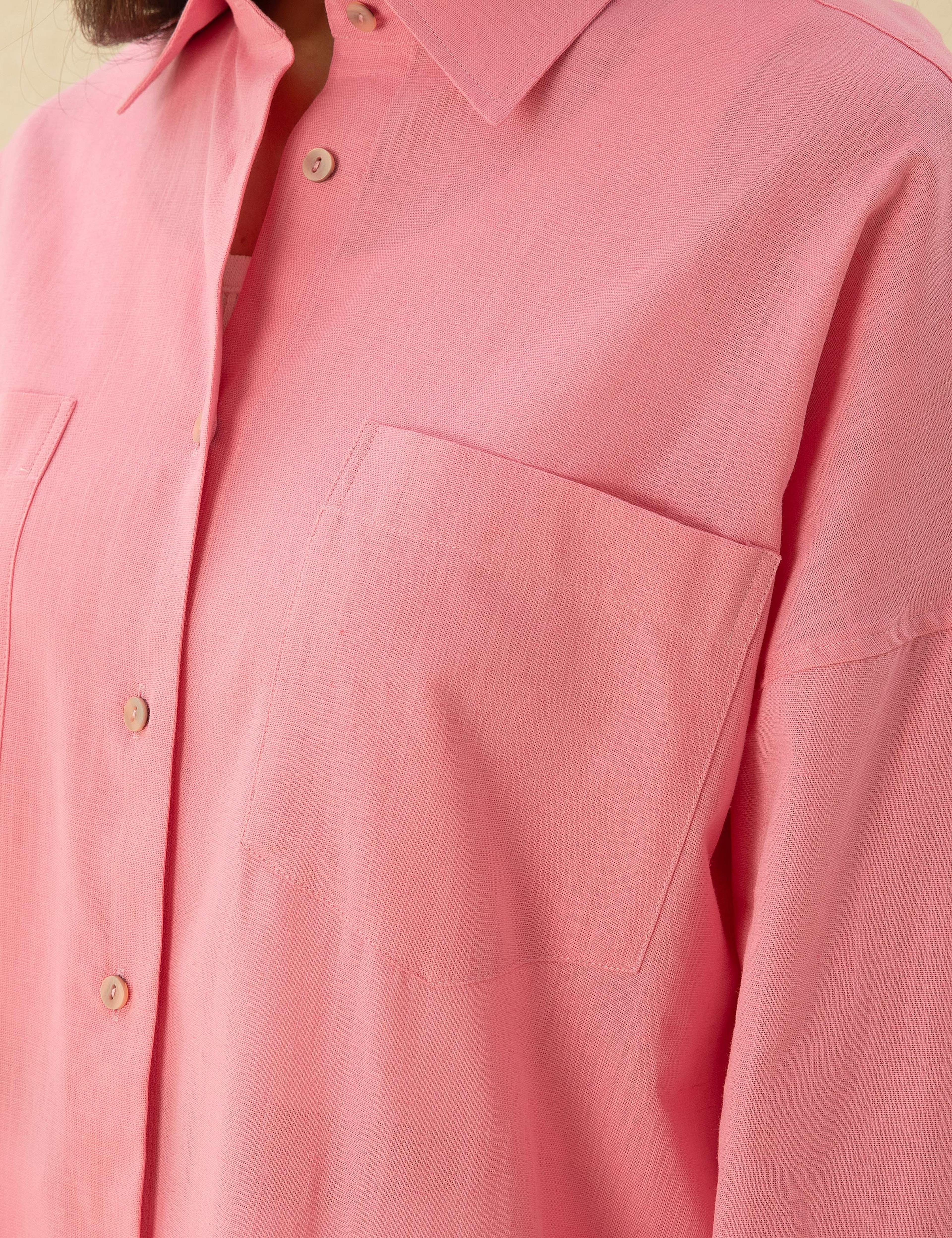 Keten Karışımlı Pembe Oversize Gömlek - Image 7
