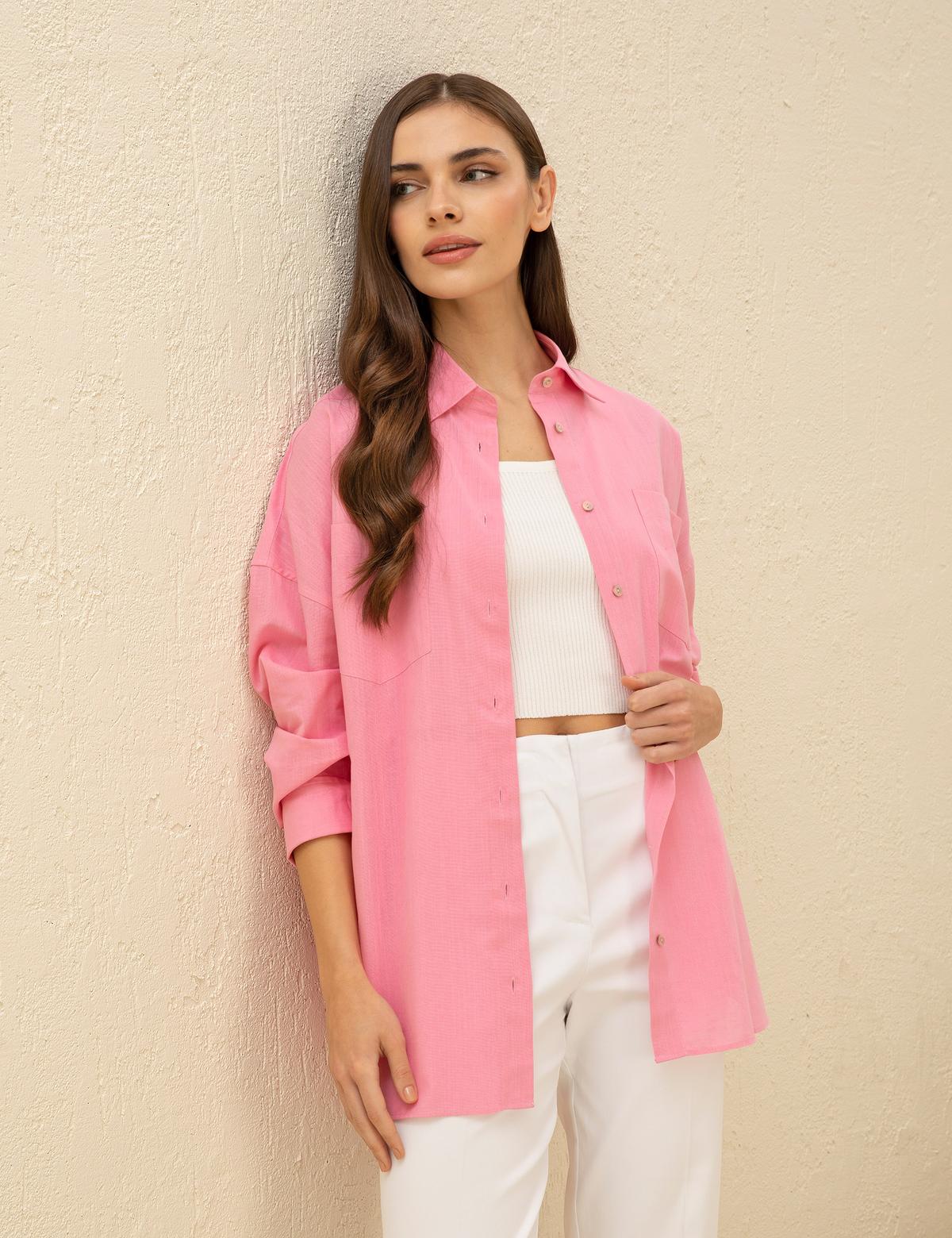 Keten Karışımlı Pembe Oversize Gömlek
