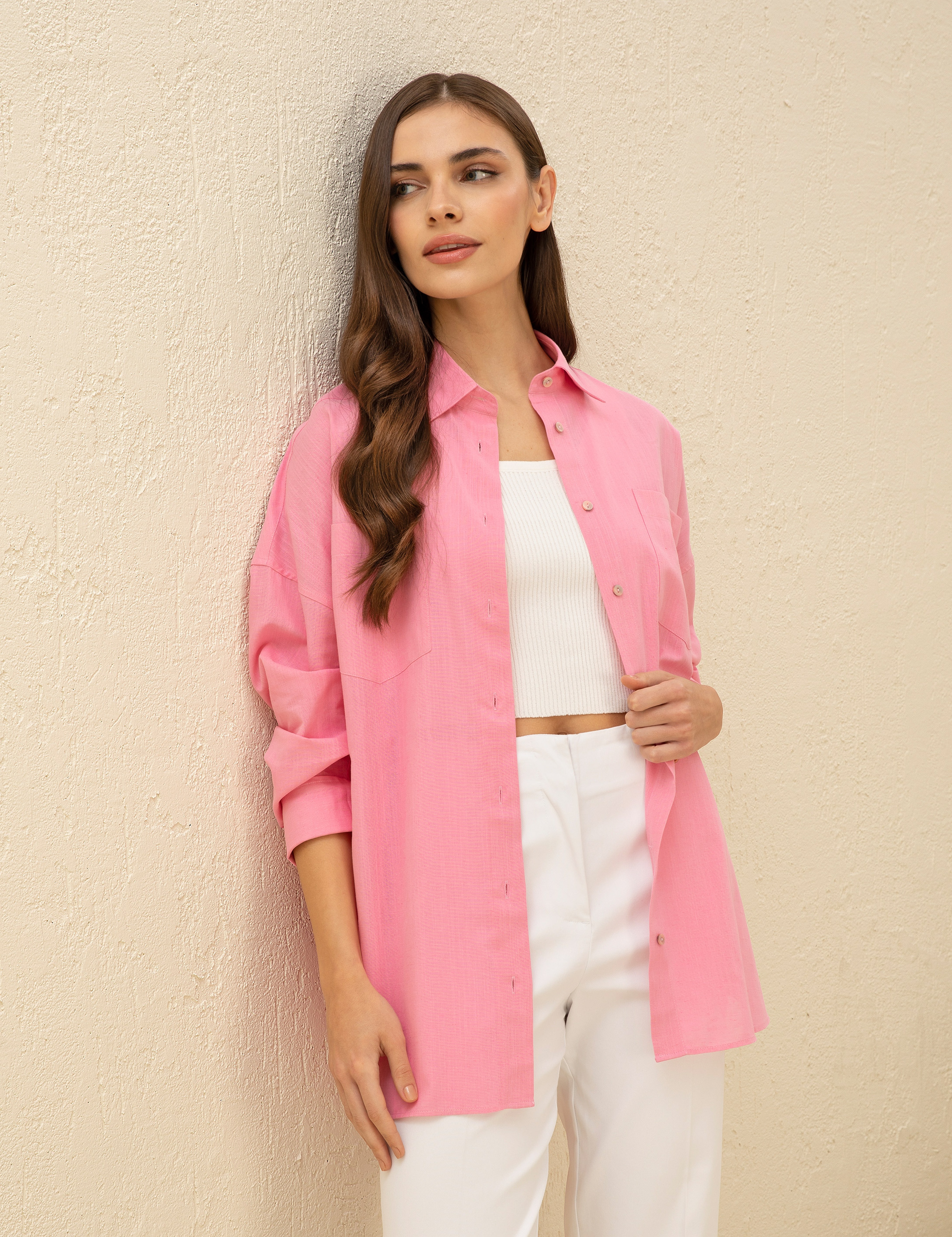 Keten Karışımlı Pembe Oversize Gömlek