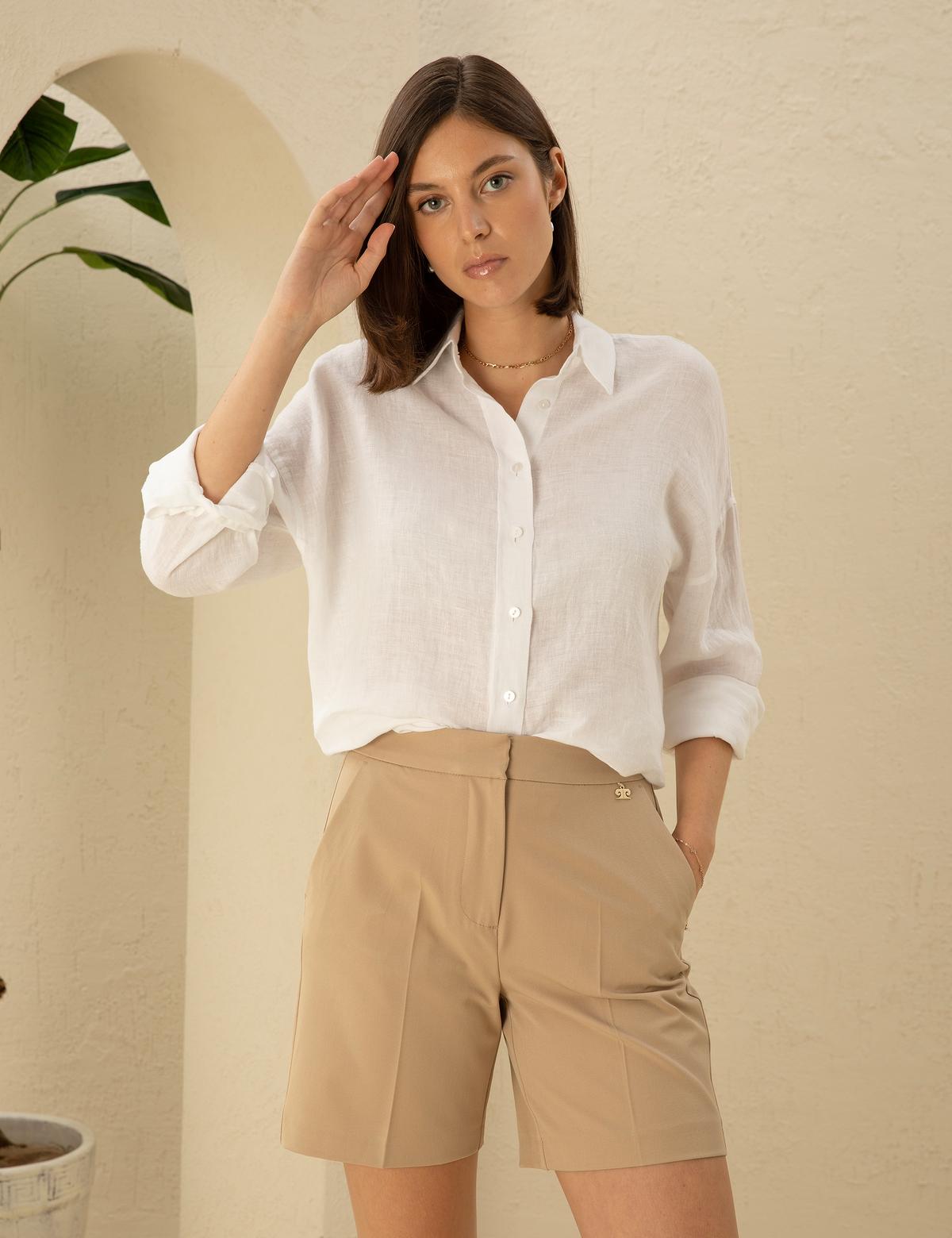 Beyaz Oversize Keten  Gömlek - 50286968063