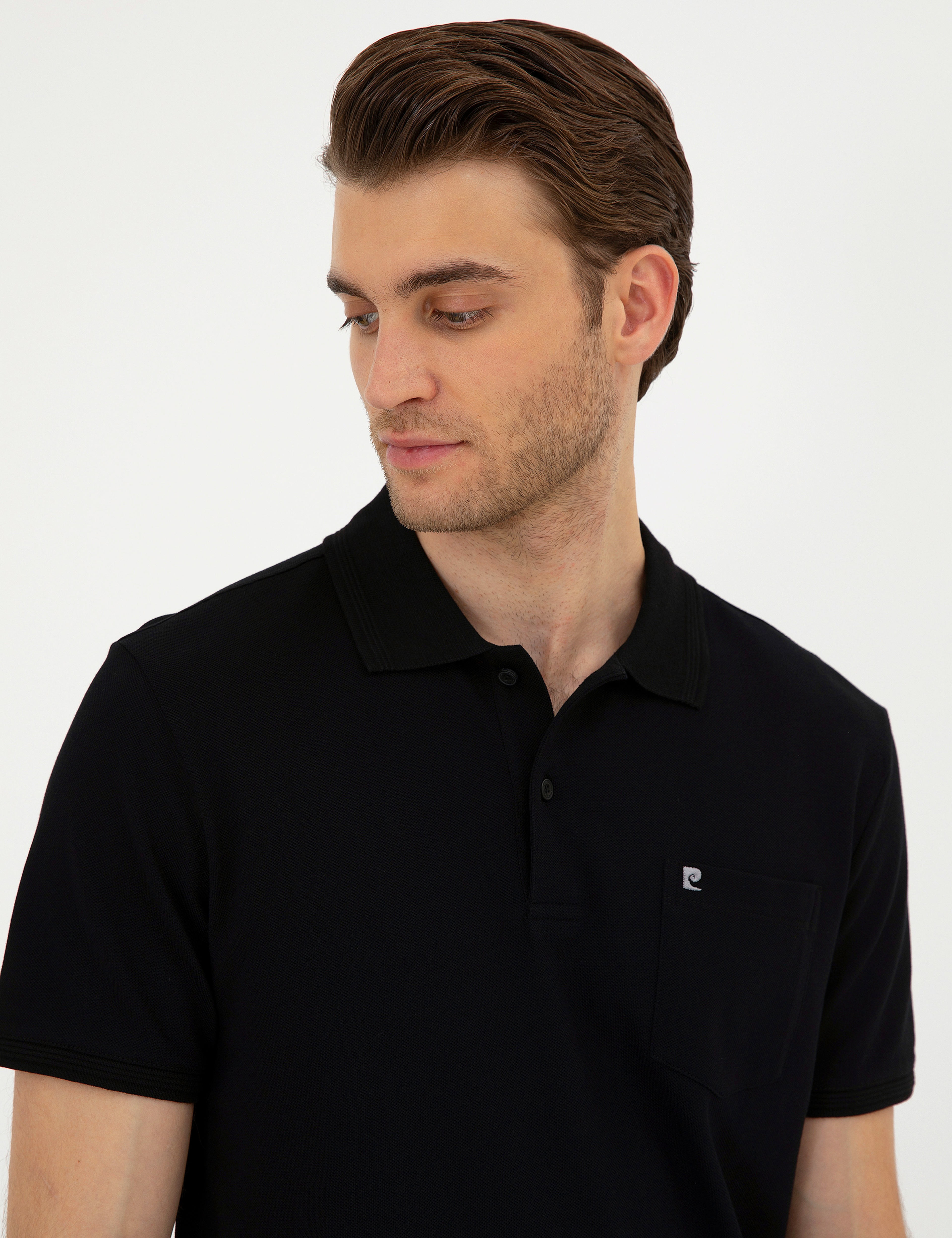 Siyah Regular Fit %100 Pamuk Cepli Düğmeli Polo Yaka Basic Tişört - Image 2