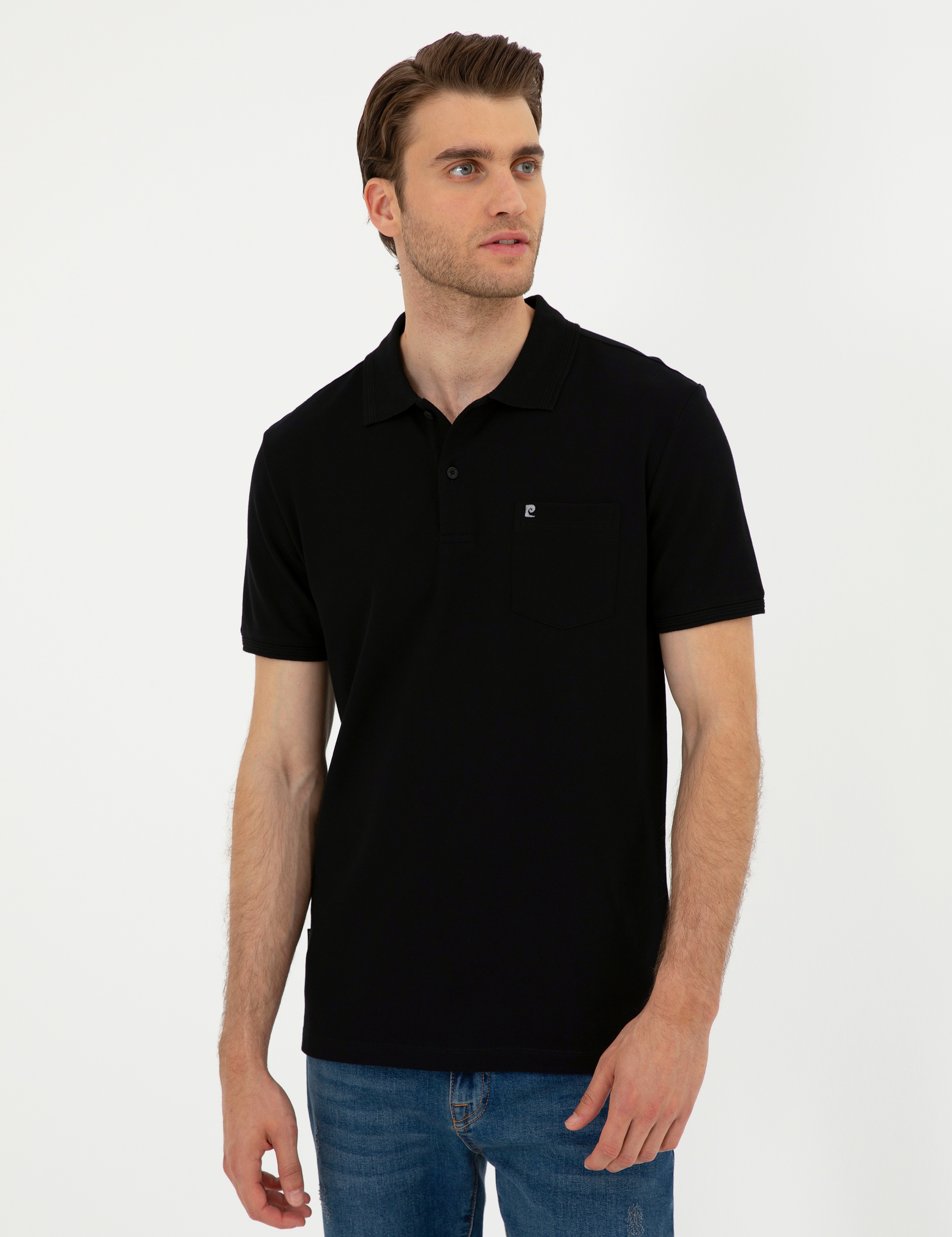 Siyah Regular Fit %100 Pamuk Cepli Düğmeli Polo Yaka Basic Tişört - Image 3