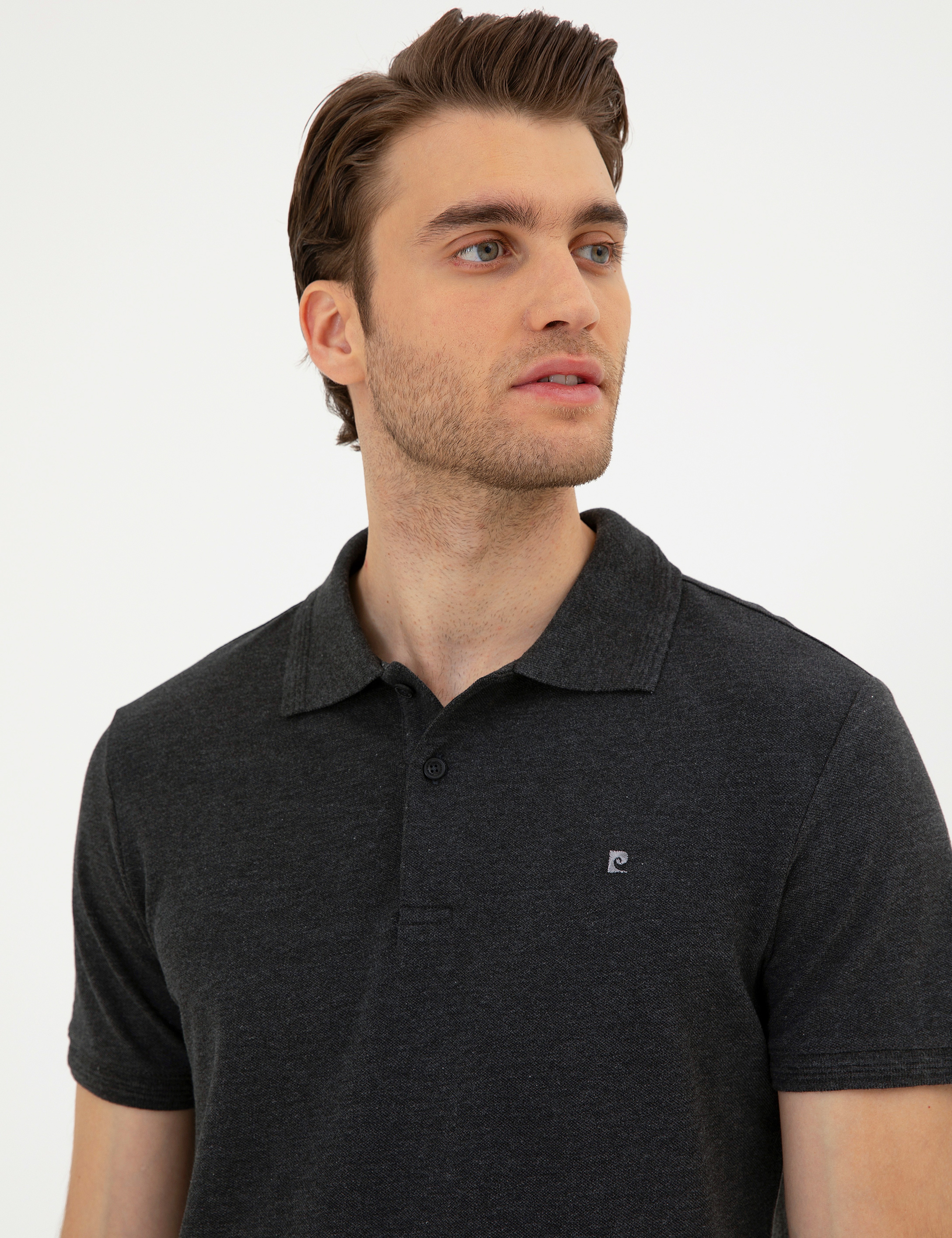 Antrasit Melanj Slim Fit %100 Pamuk Polo Yaka Basic Tişört - Image 2