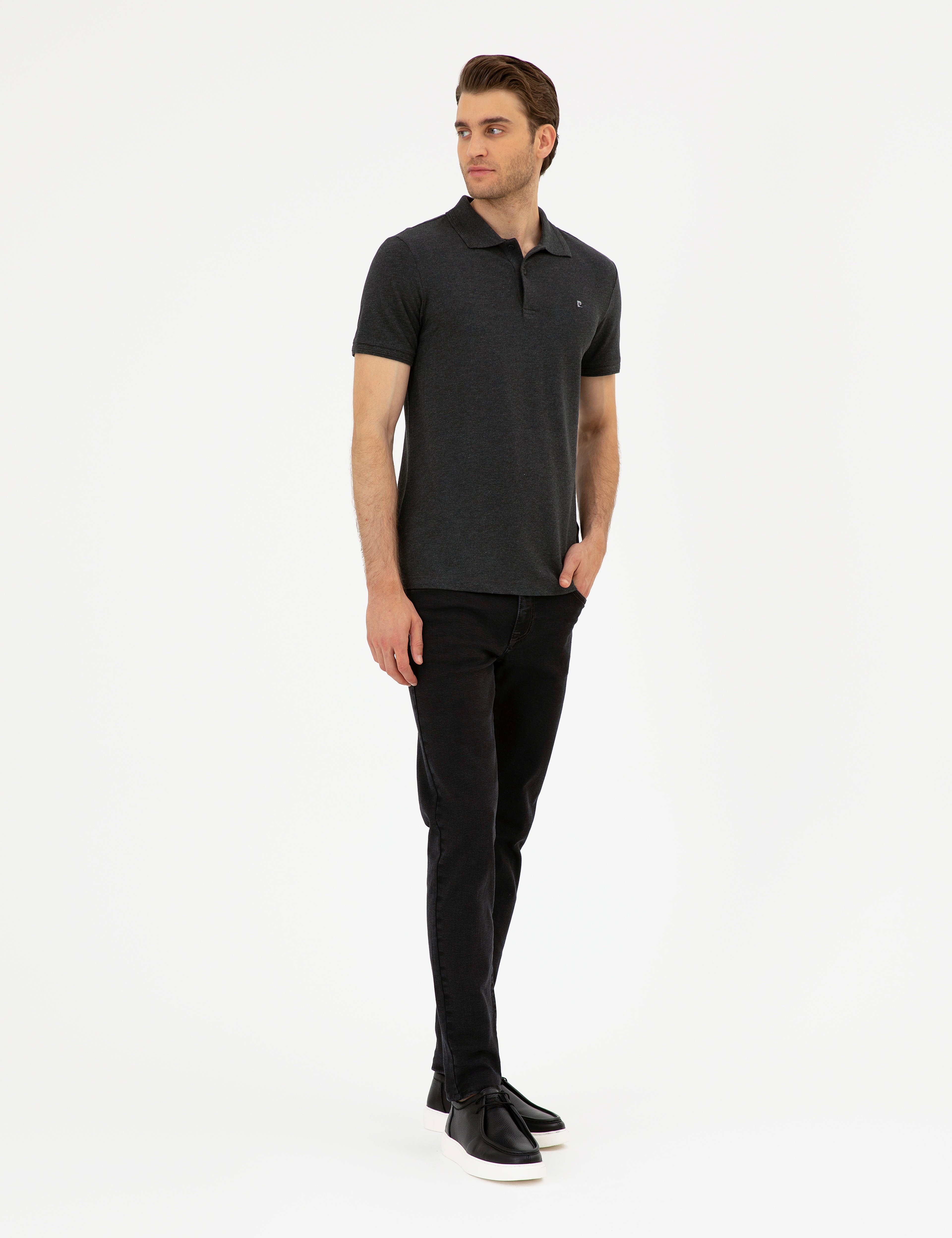 Antrasit Melanj Slim Fit %100 Pamuk Polo Yaka Basic Tişört
