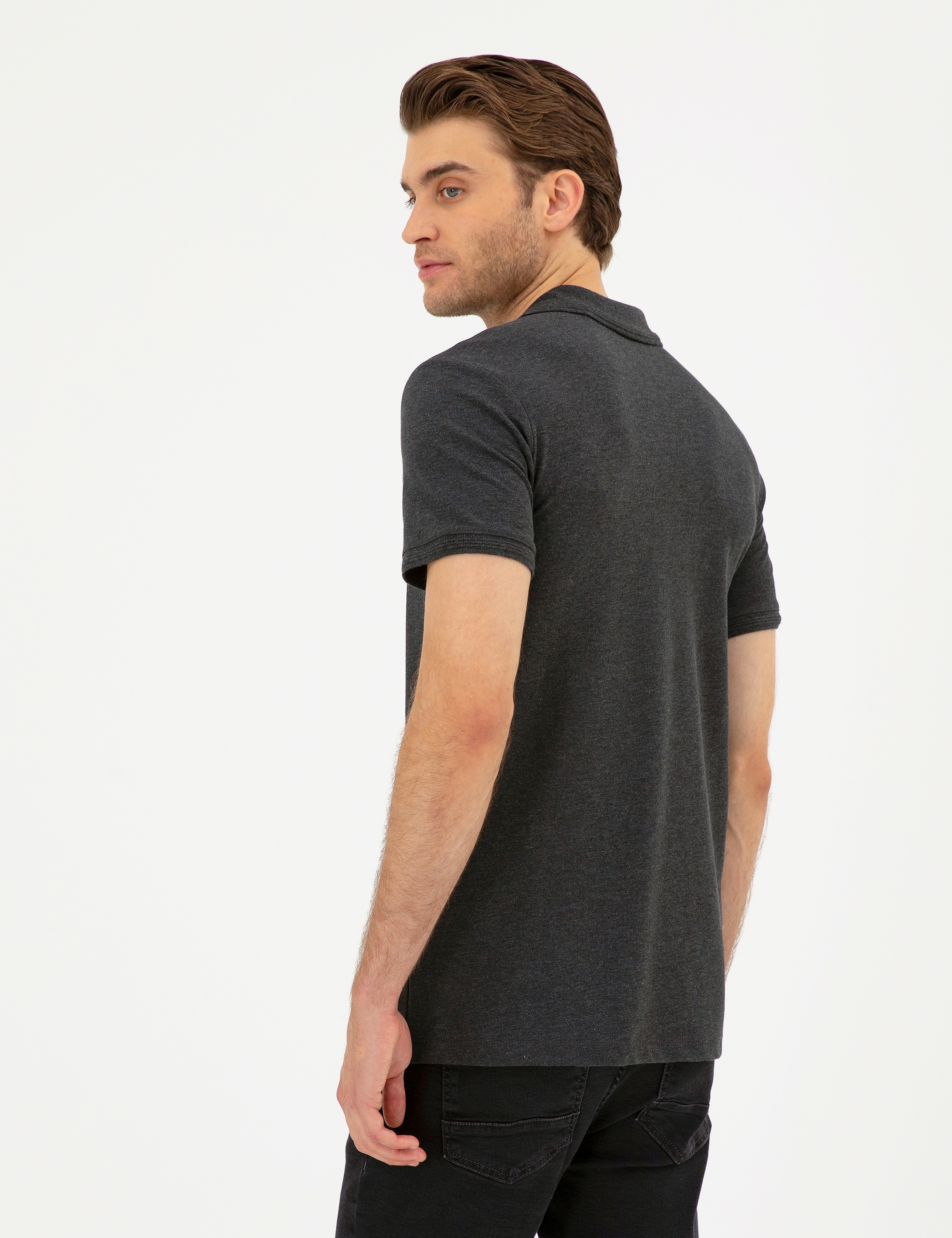 Antrasit Melanj Slim Fit %100 Pamuk Polo Yaka Basic Tişört - Image 5