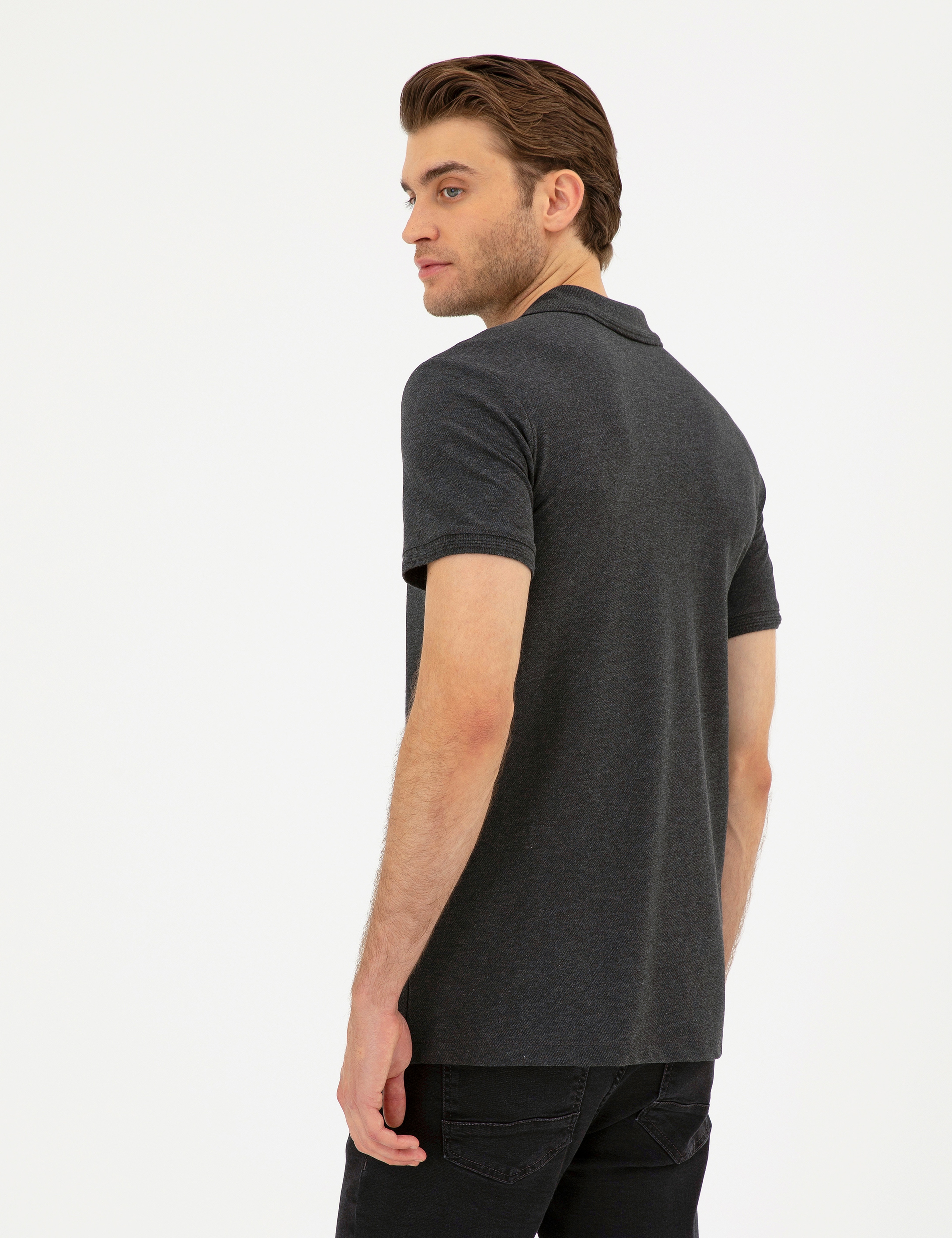Antrasit Melanj Slim Fit %100 Pamuk Polo Yaka Basic Tişört