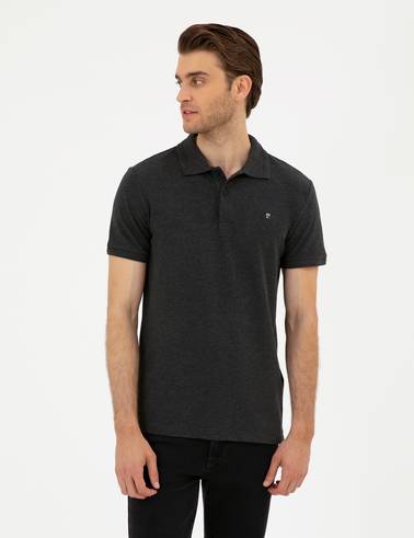 Antrasit Melanj Slim Fit %100 Pamuk Polo Yaka Basic Tişört