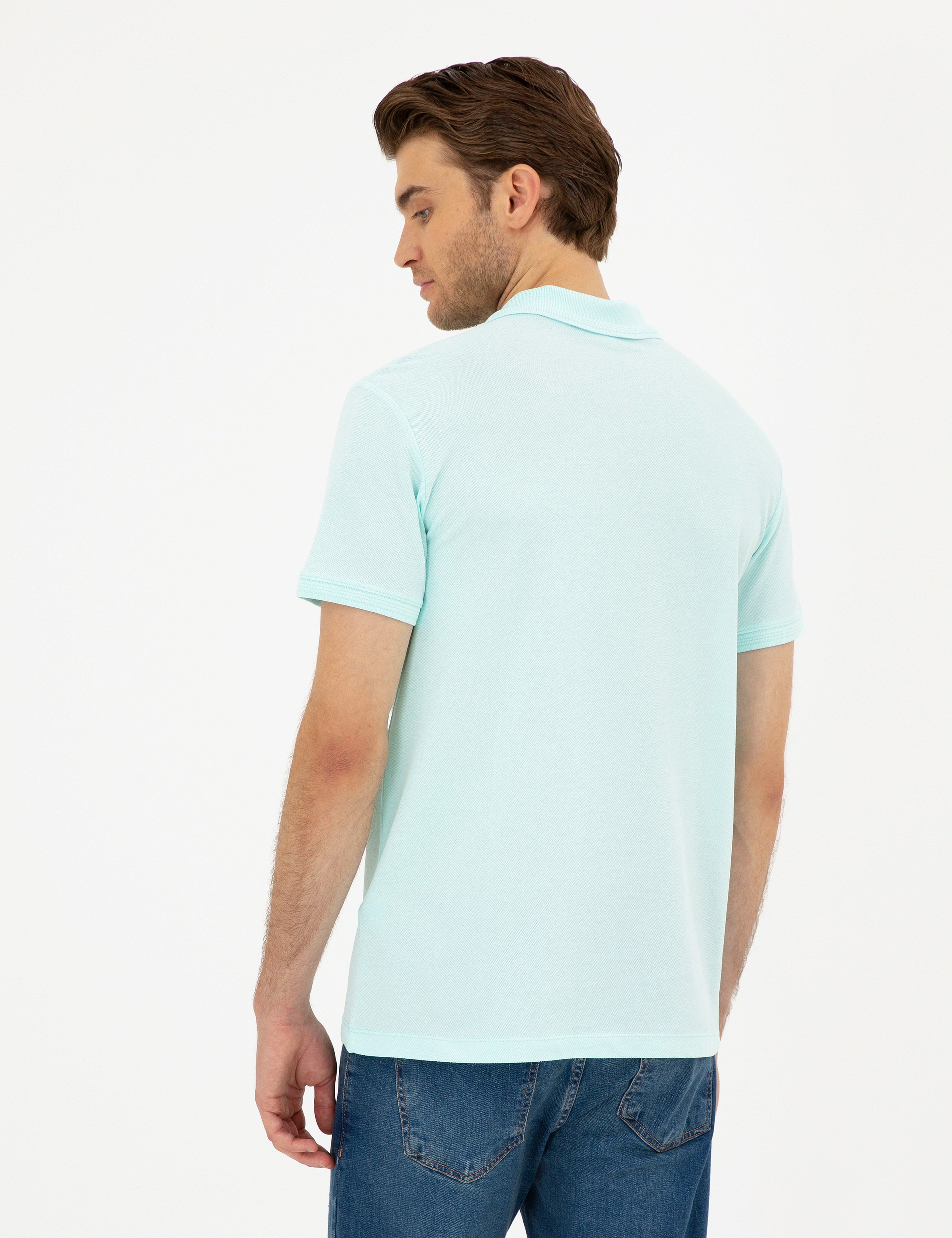Su Yeşili Slim Fit %100 Pamuk Düğmeli Polo Yaka Basic Tişört - Image 5