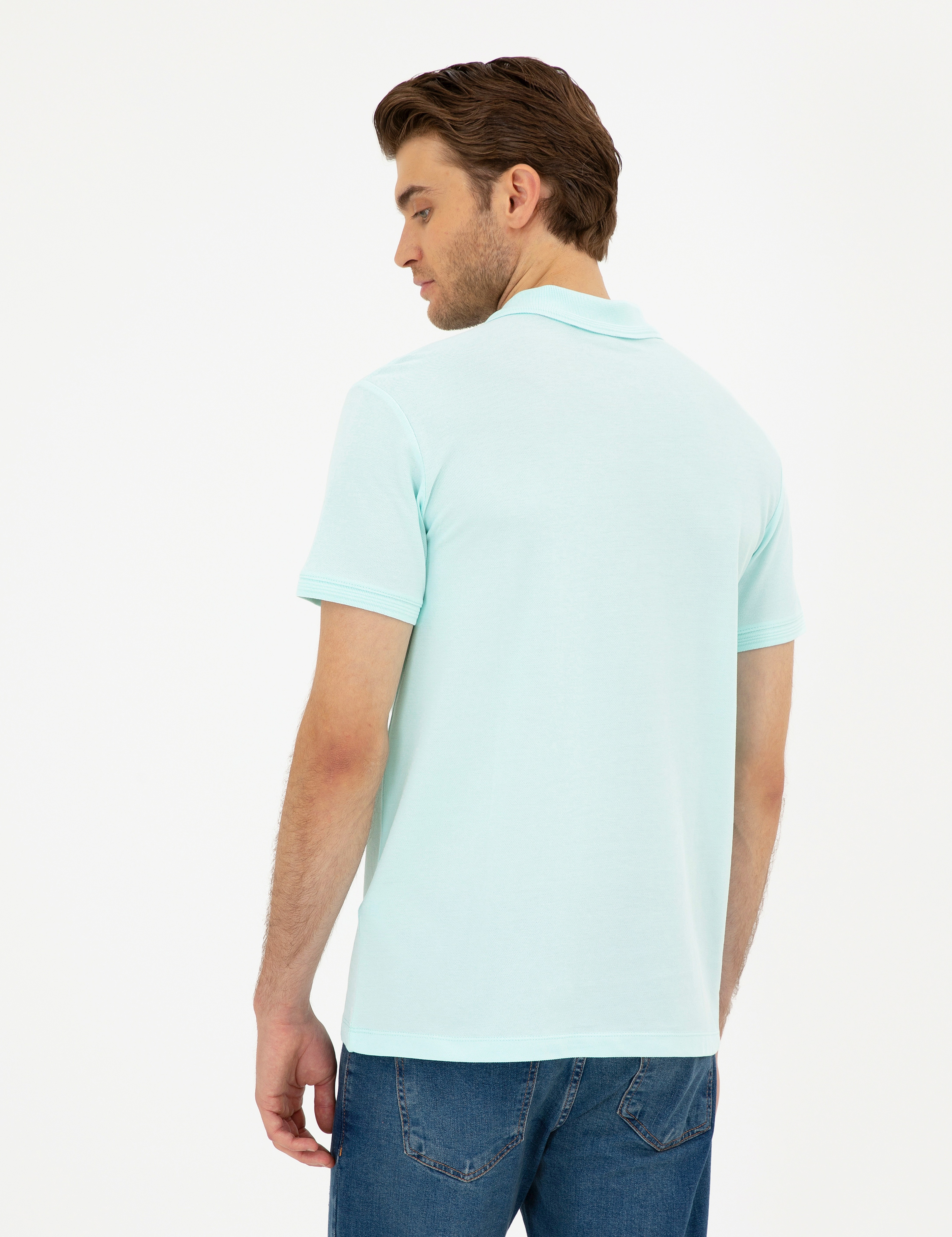 Su Yeşili Slim Fit %100 Pamuk Düğmeli Polo Yaka Basic Tişört