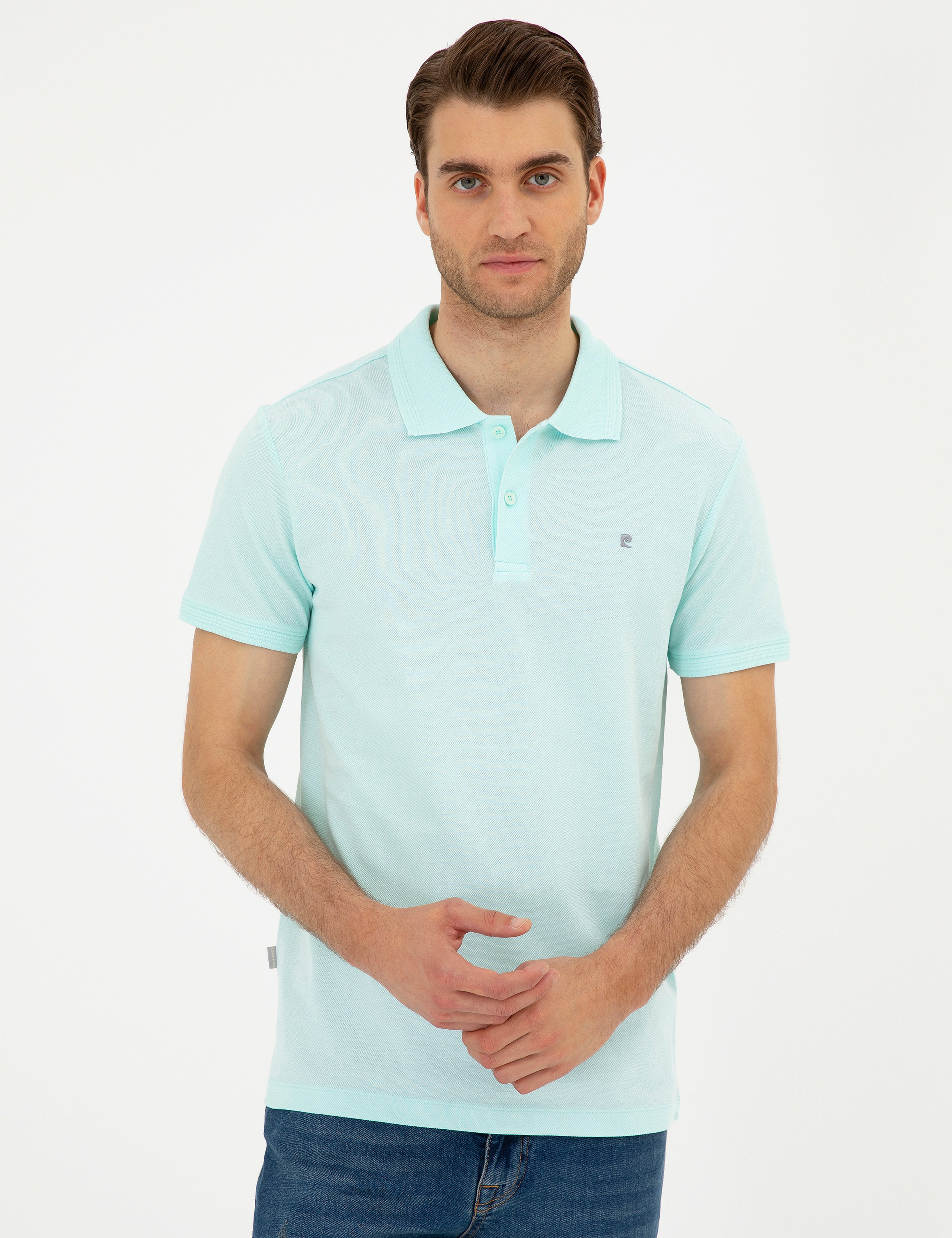 Su Yeşili Slim Fit %100 Pamuk Düğmeli Polo Yaka Basic Tişört