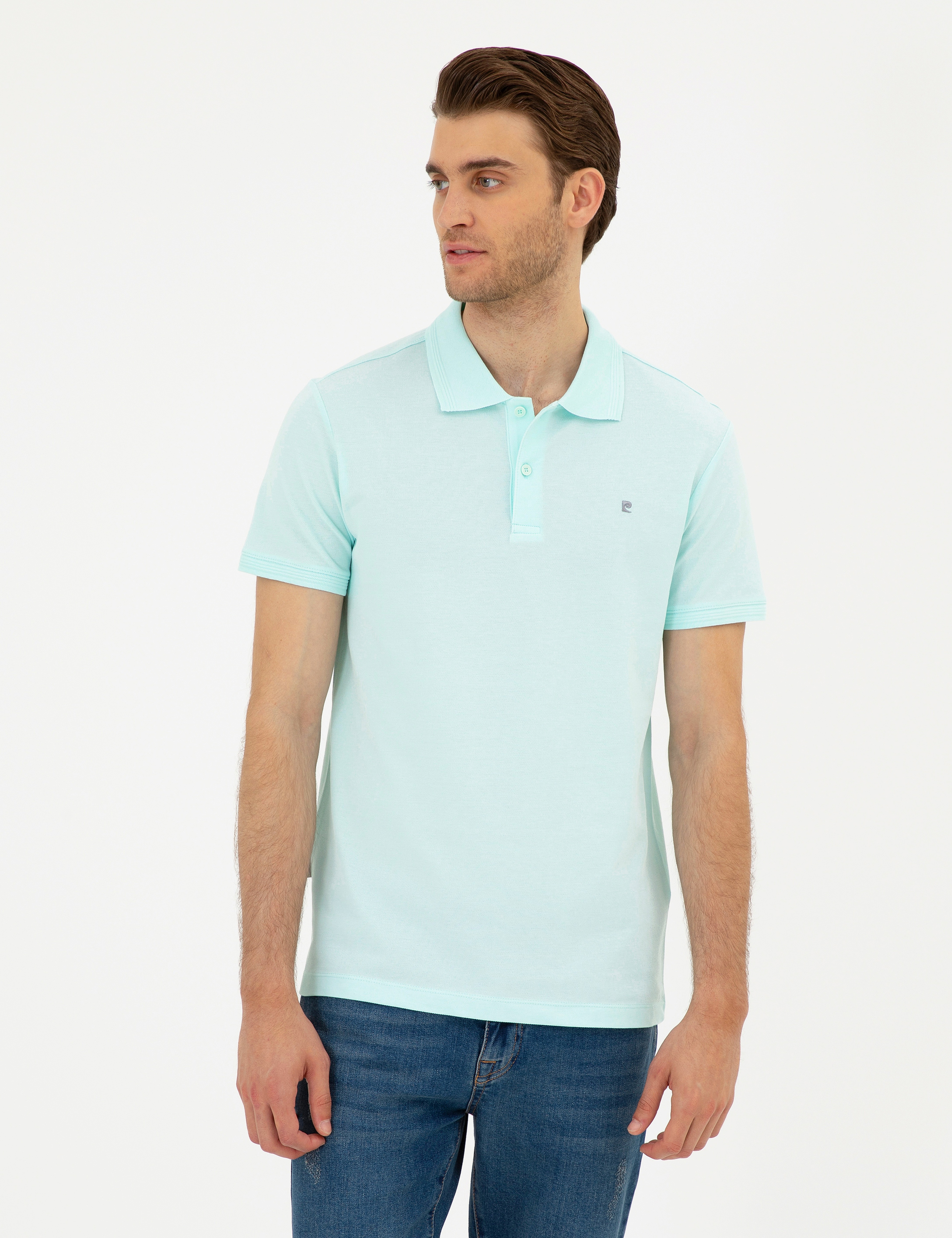 Su Yeşili Slim Fit %100 Pamuk Düğmeli Polo Yaka Basic Tişört - Image 1