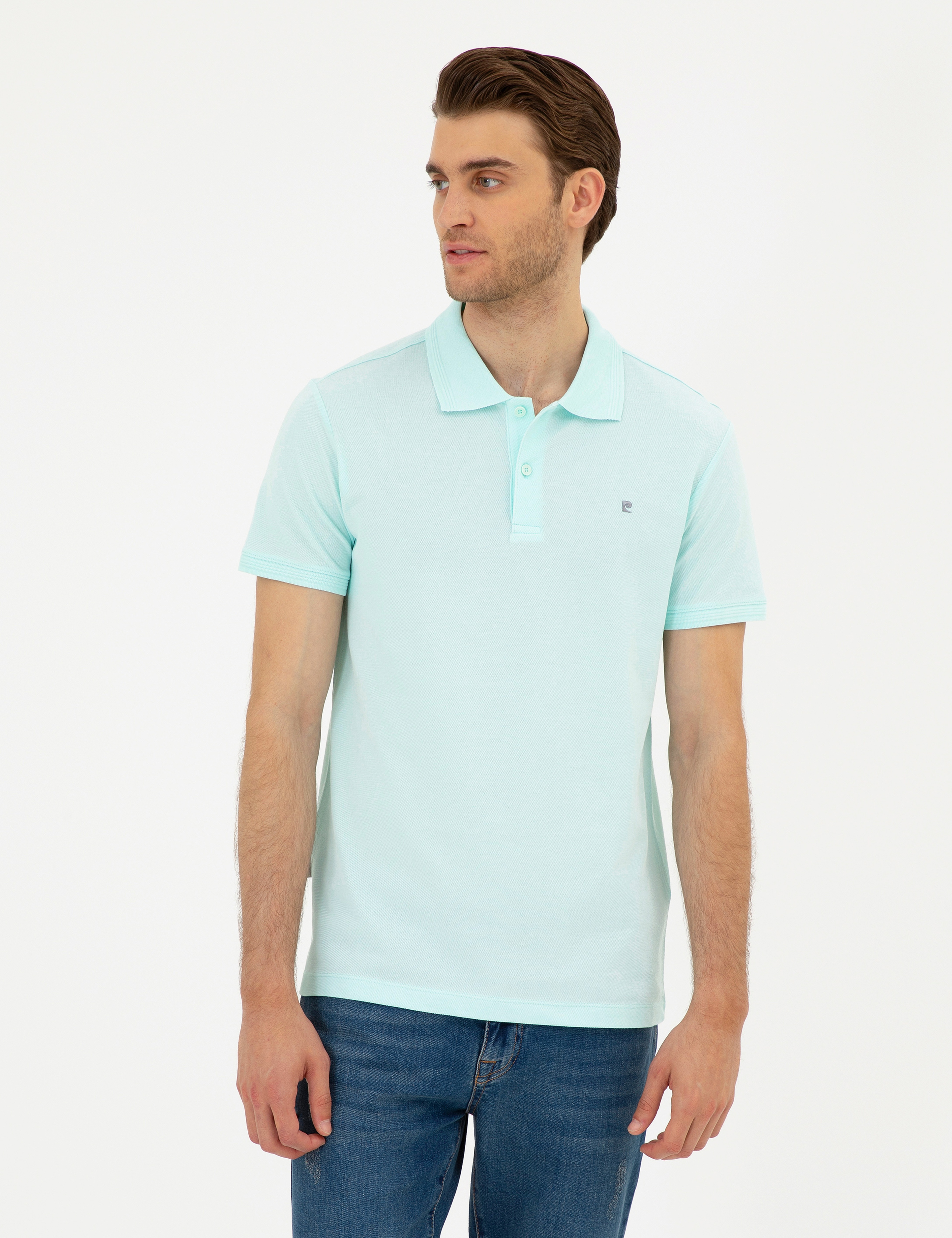 Su Yeşili Slim Fit %100 Pamuk Düğmeli Polo Yaka Basic Tişört