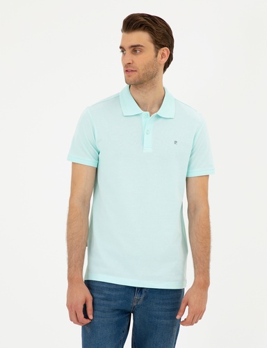 Su Yeşili Slim Fit %100 Pamuk Düğmeli Polo Yaka Basic Tişört