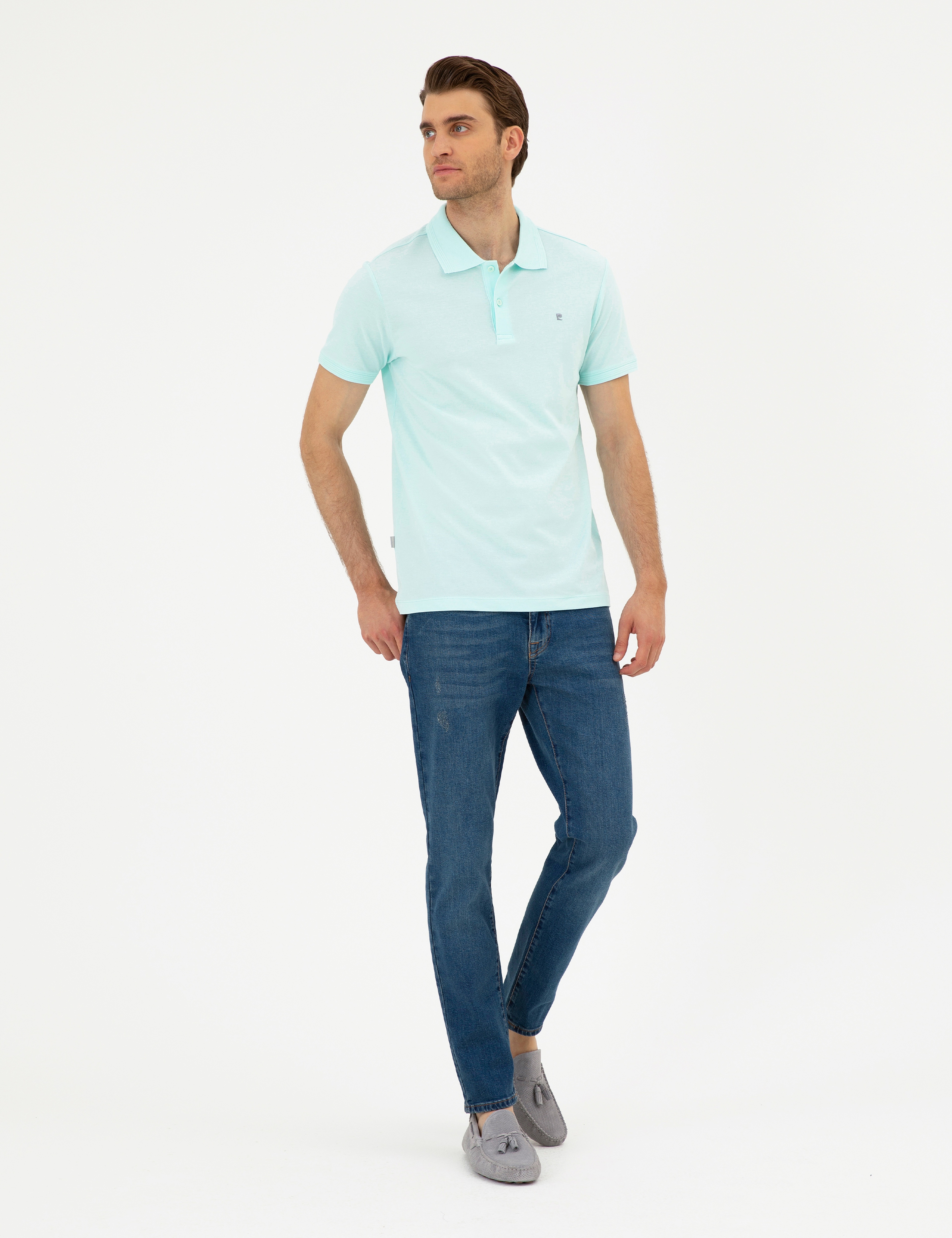 Su Yeşili Slim Fit %100 Pamuk Düğmeli Polo Yaka Basic Tişört
