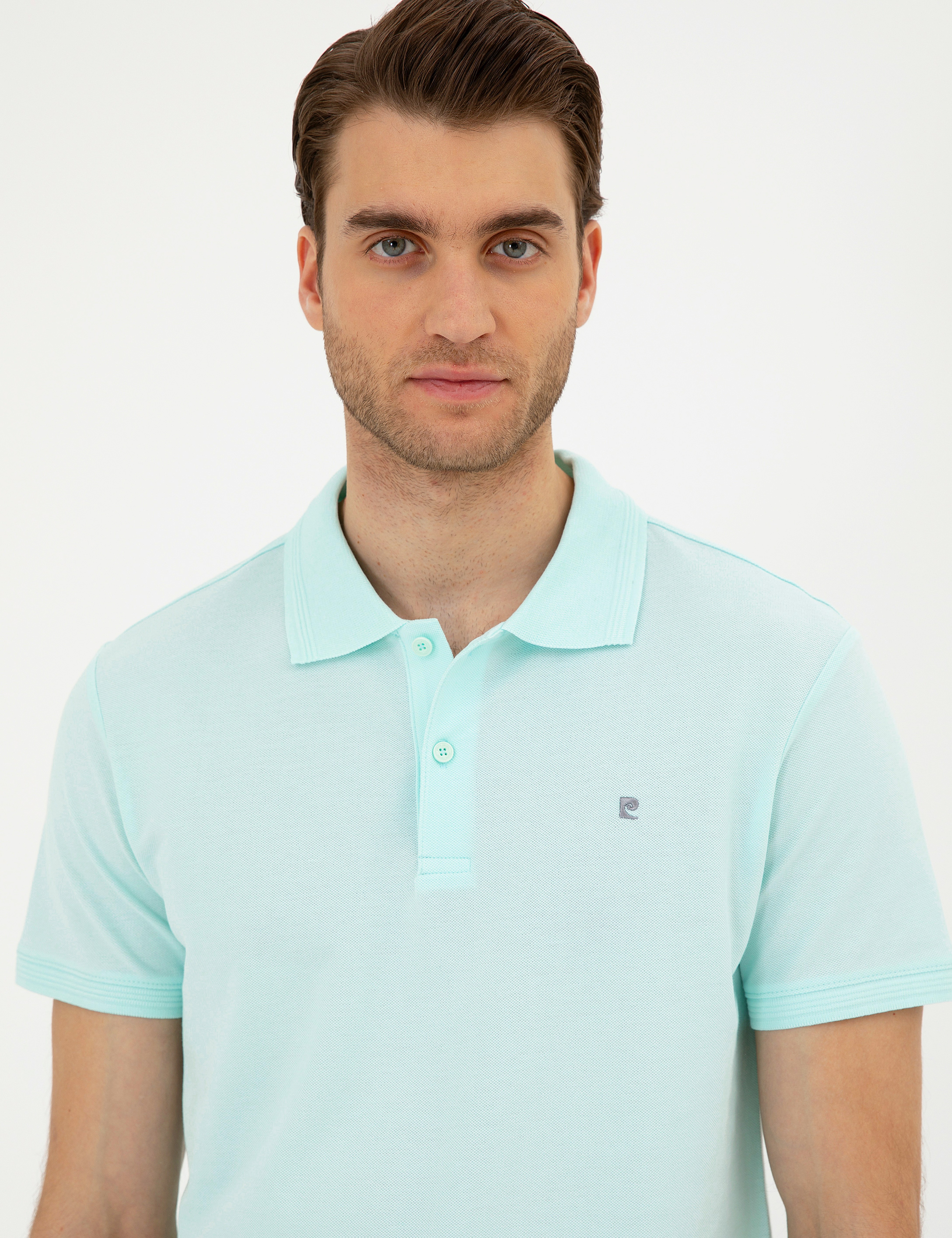 Su Yeşili Slim Fit %100 Pamuk Düğmeli Polo Yaka Basic Tişört