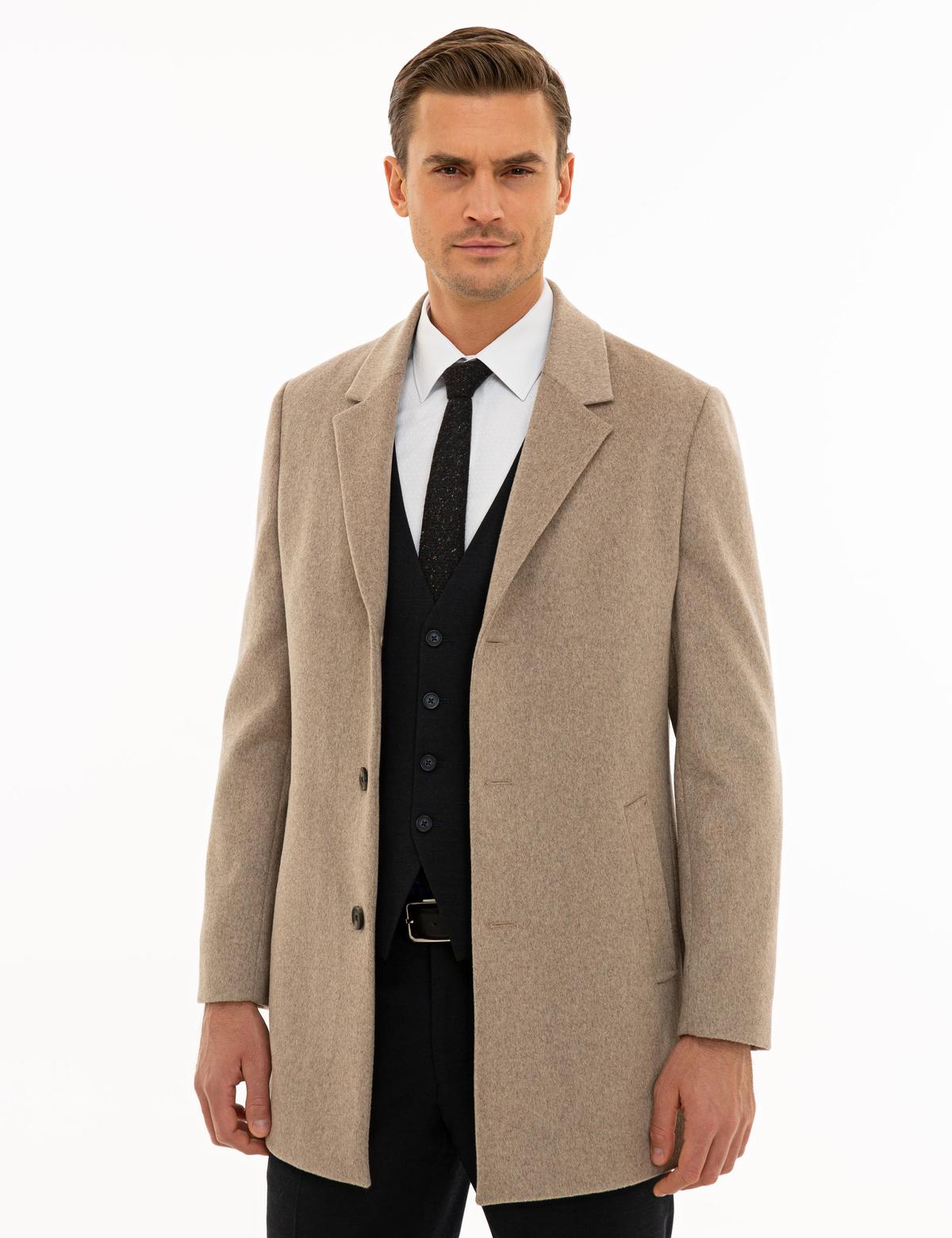 Bej Ex. Slim Fit Kaşe Kaban