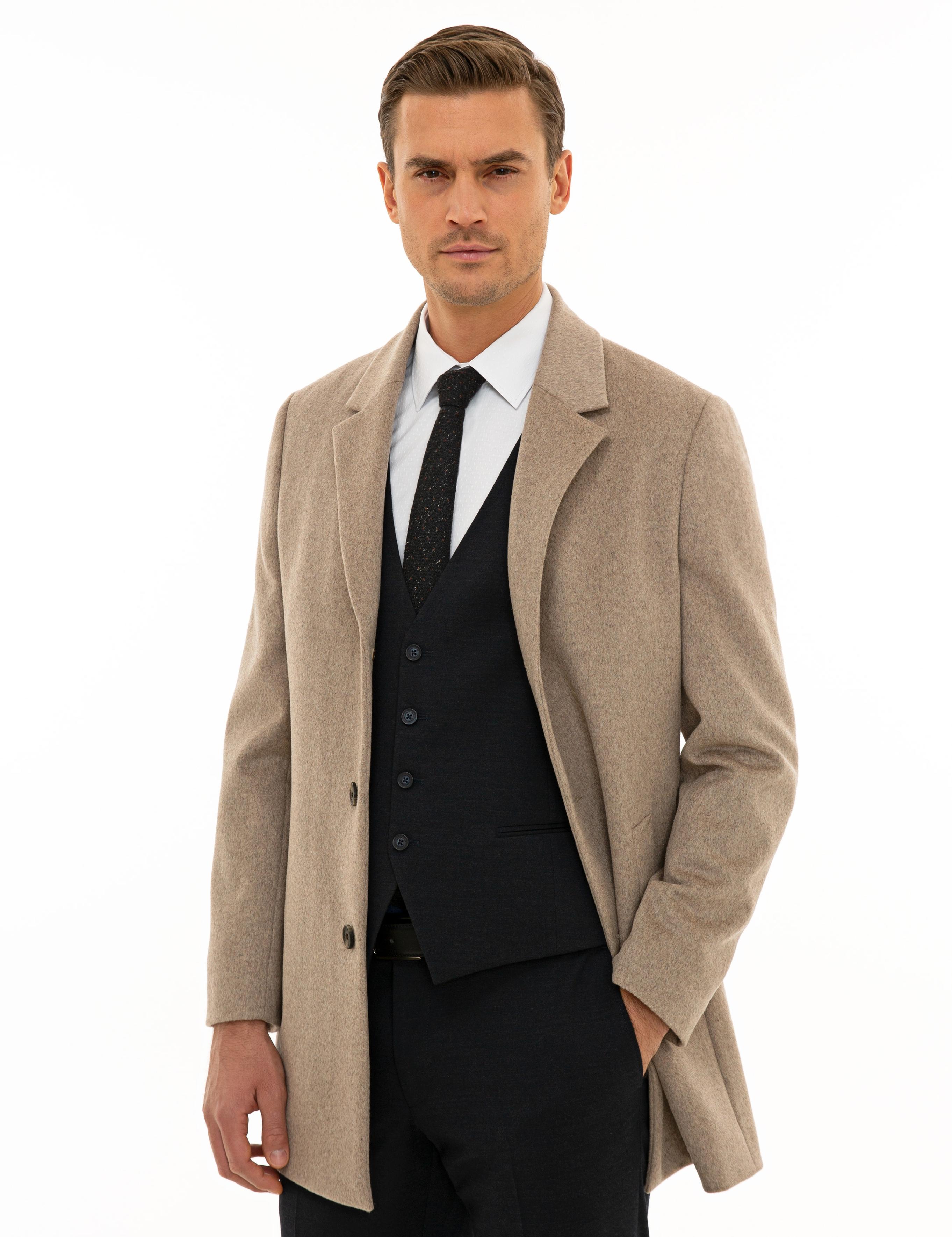 Bej Ex. Slim Fit Kaşe Kaban