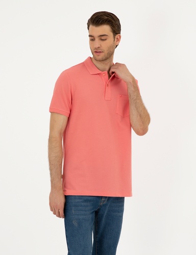 Pembe Regular Fit %100 Pamuk Düğmeli Polo Yaka Basic Tişört