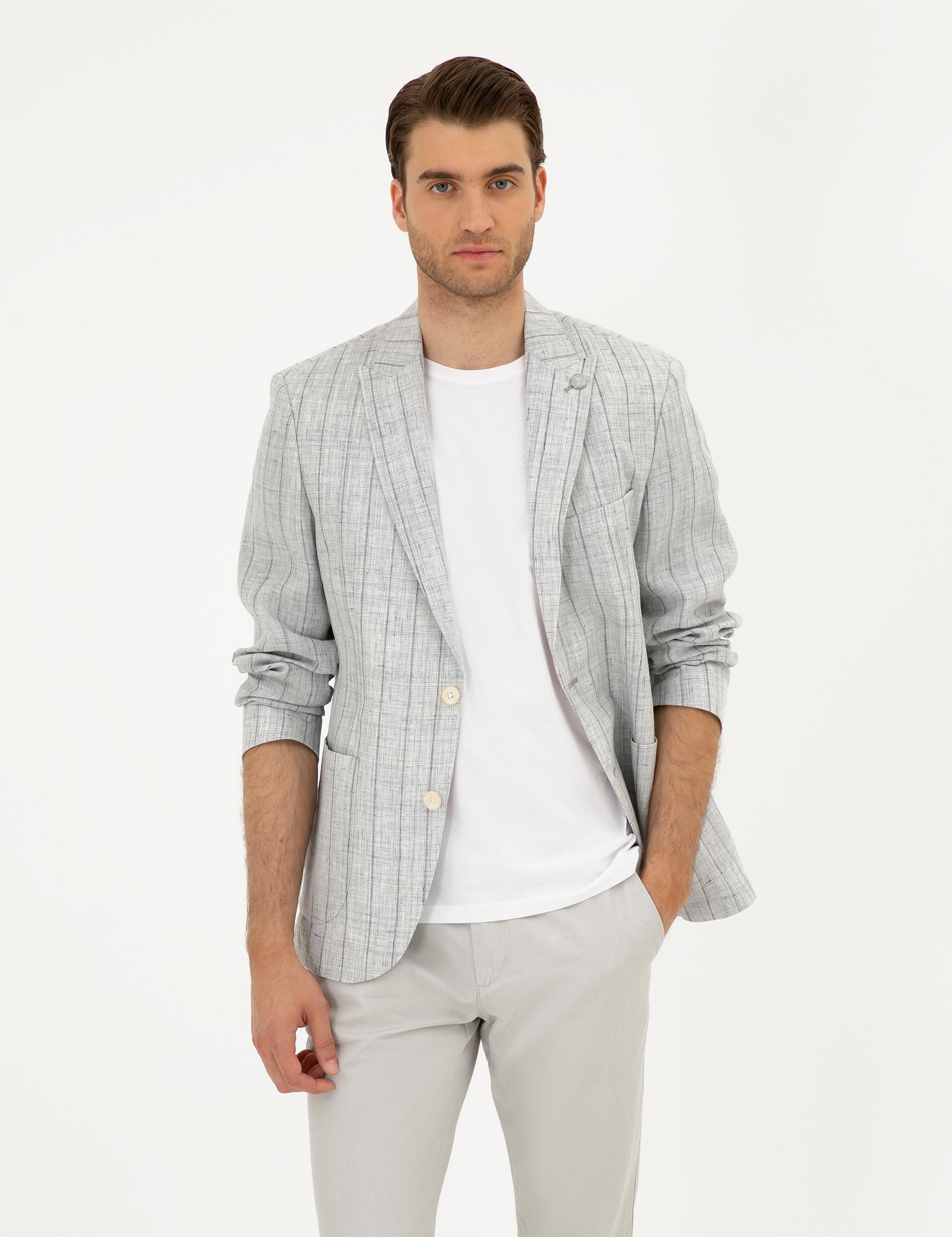 Gri Slim Fit %100 Keten Çizgili Ceket
