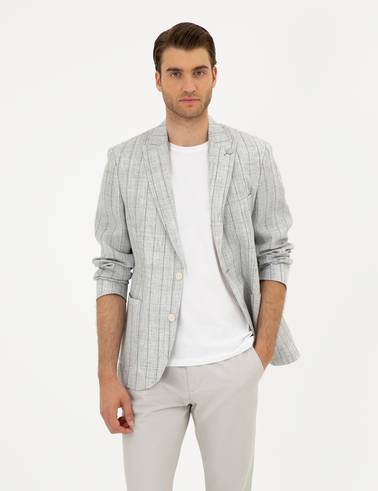 Gri Slim Fit %100 Keten Çizgili Ceket