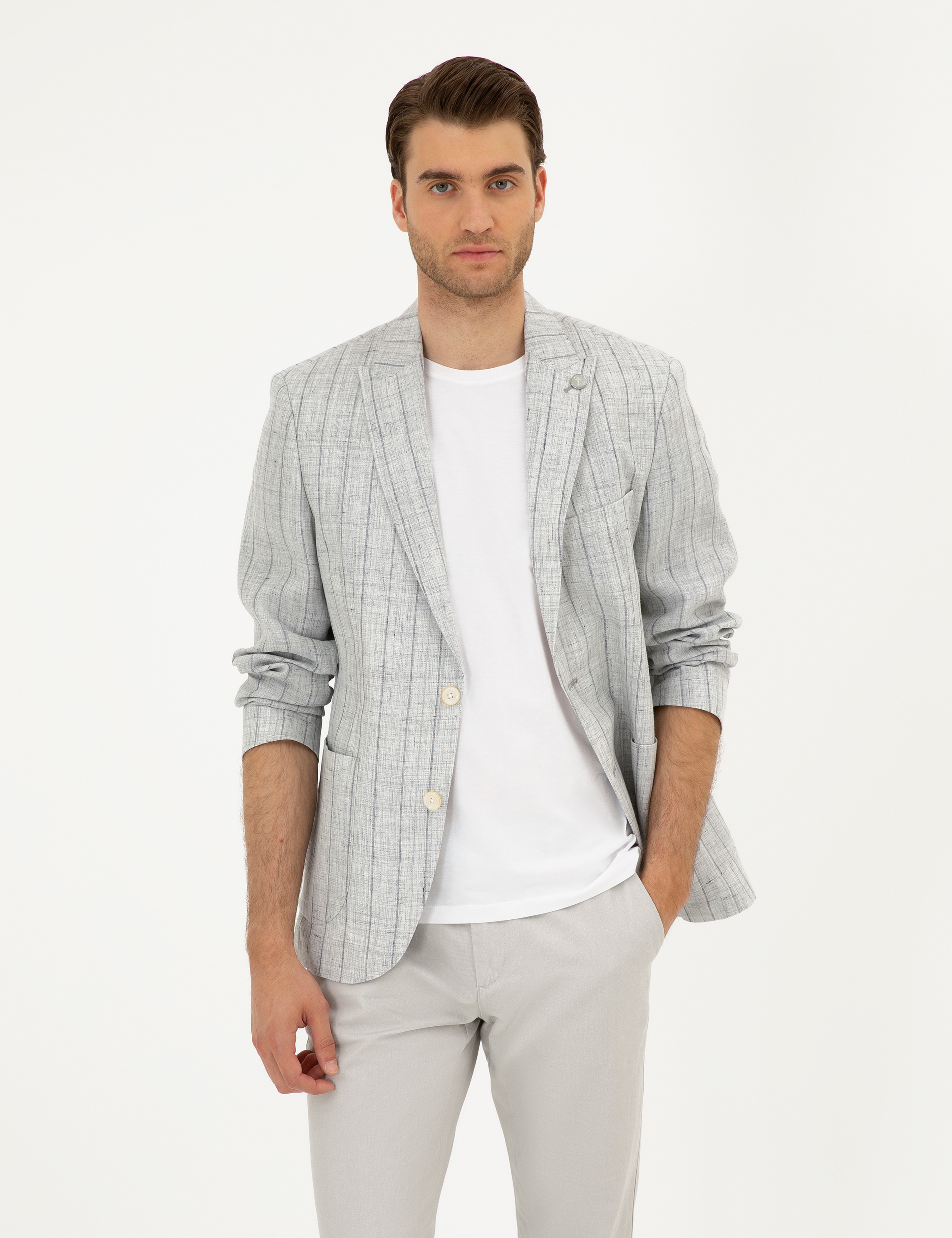 Gri Slim Fit %100 Keten Çizgili Ceket - Image 1