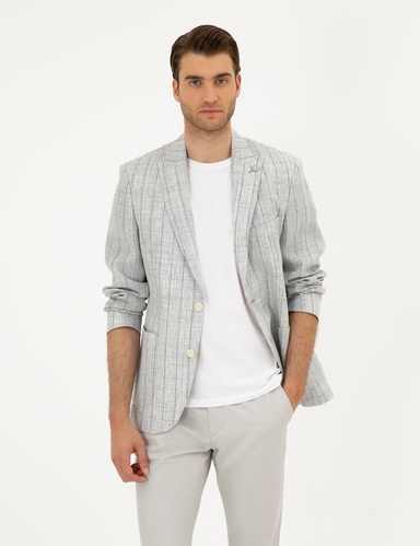 Gri Slim Fit %100 Keten Çizgili Ceket