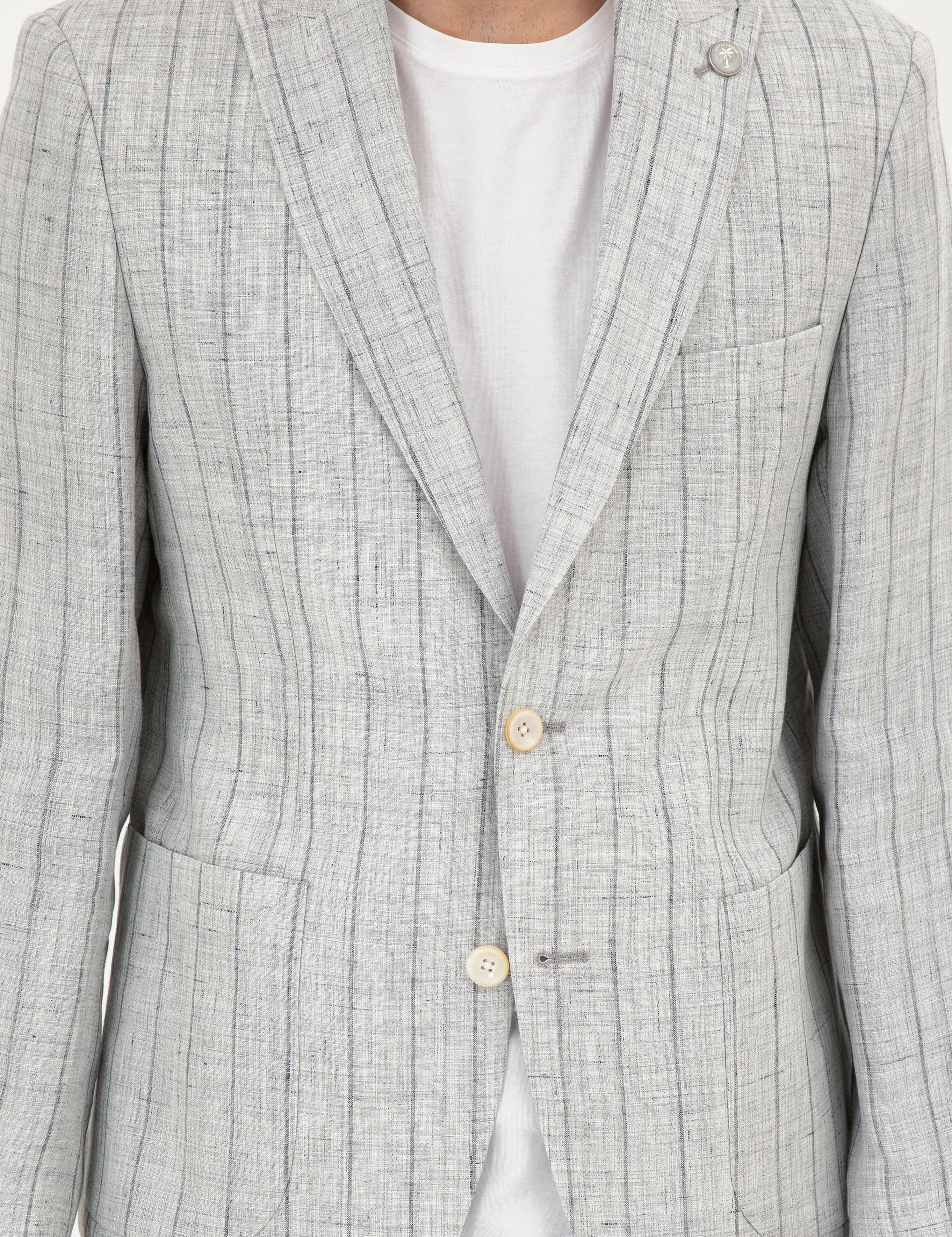 Gri Slim Fit %100 Keten Çizgili Ceket
