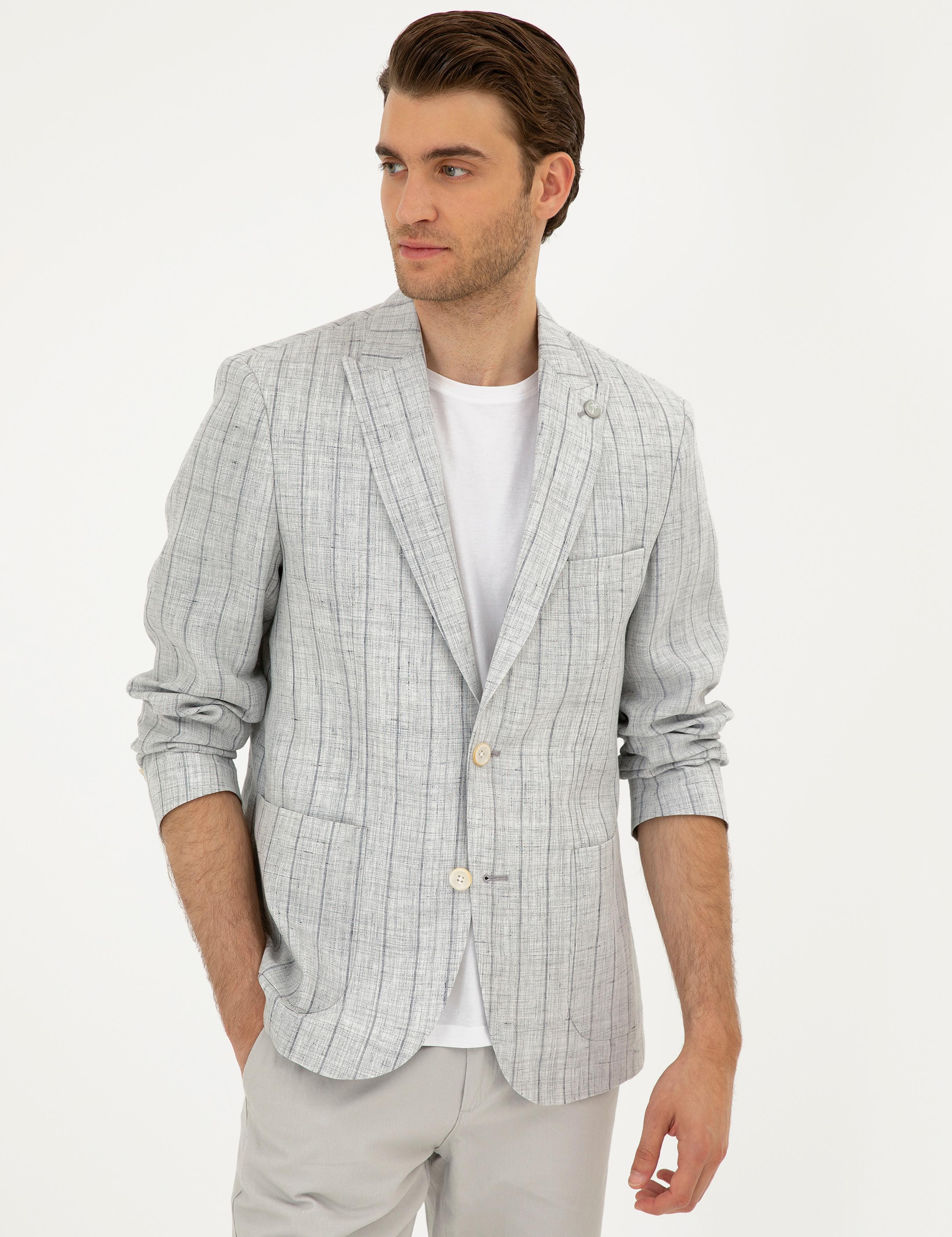 Gri Slim Fit %100 Keten Çizgili Ceket