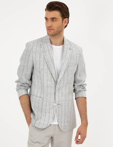 Gri Slim Fit %100 Keten Çizgili Ceket