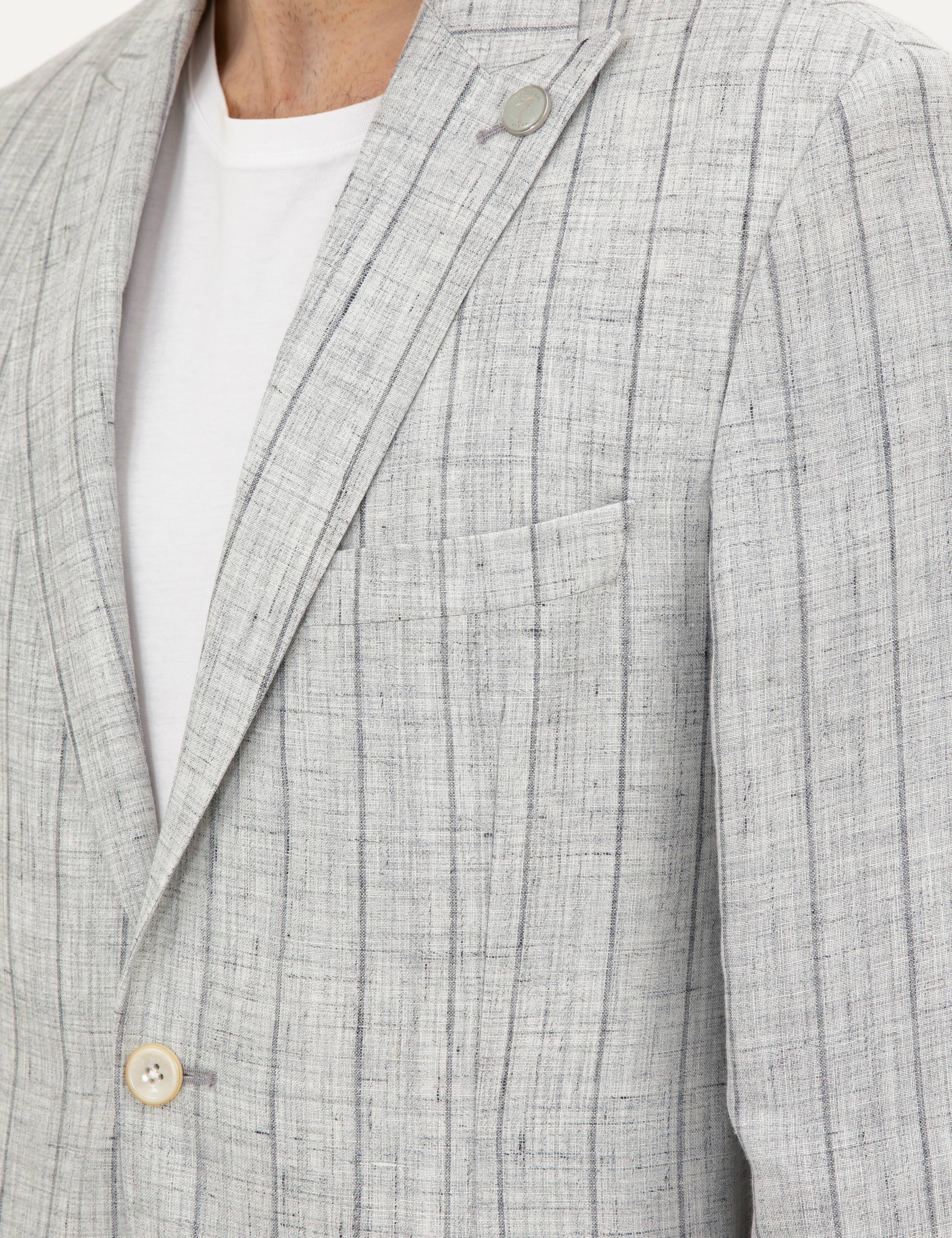 Gri Slim Fit %100 Keten Çizgili Ceket - Image 7