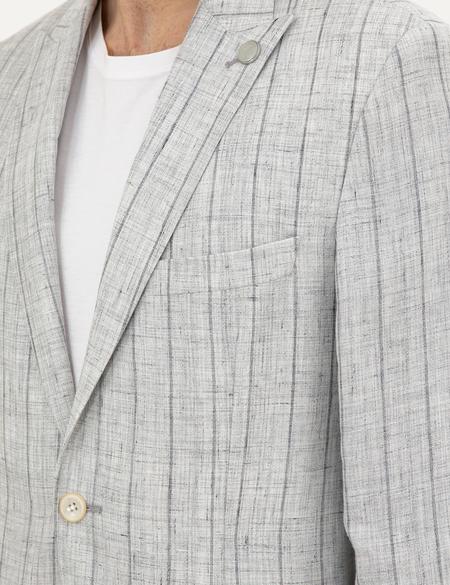 Gri Slim Fit %100 Keten Çizgili Ceket - 50284966023