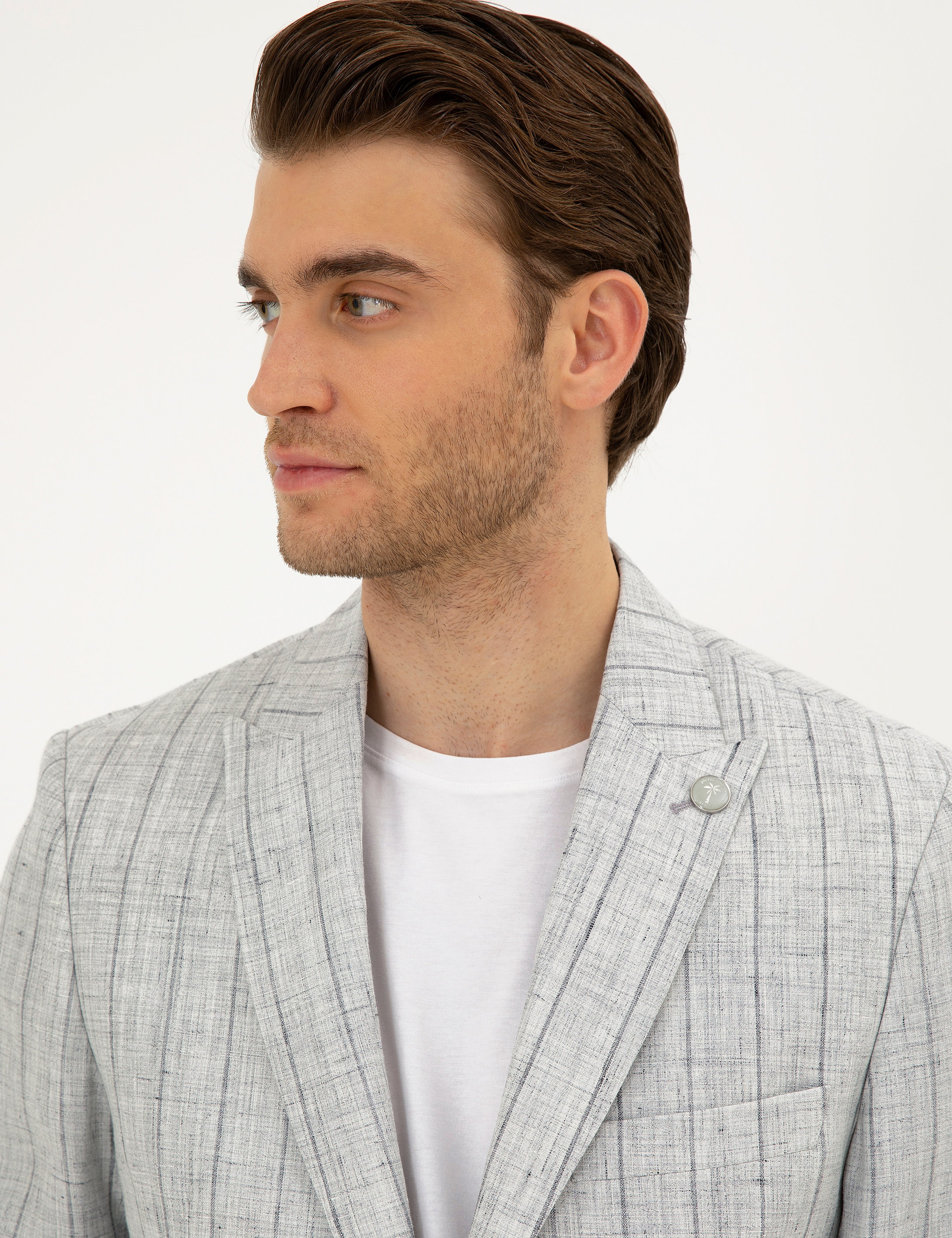 Gri Slim Fit %100 Keten Çizgili Ceket