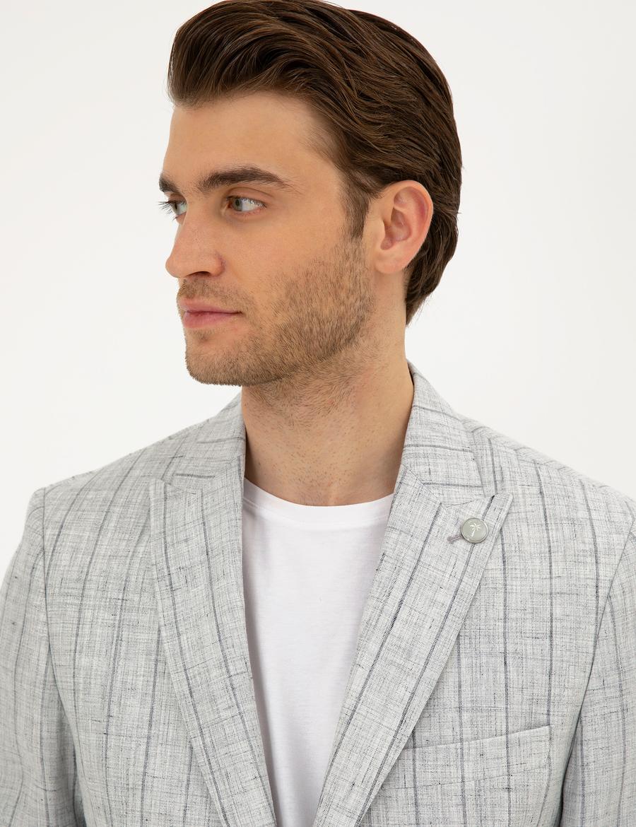 Gri Slim Fit %100 Keten Çizgili Ceket